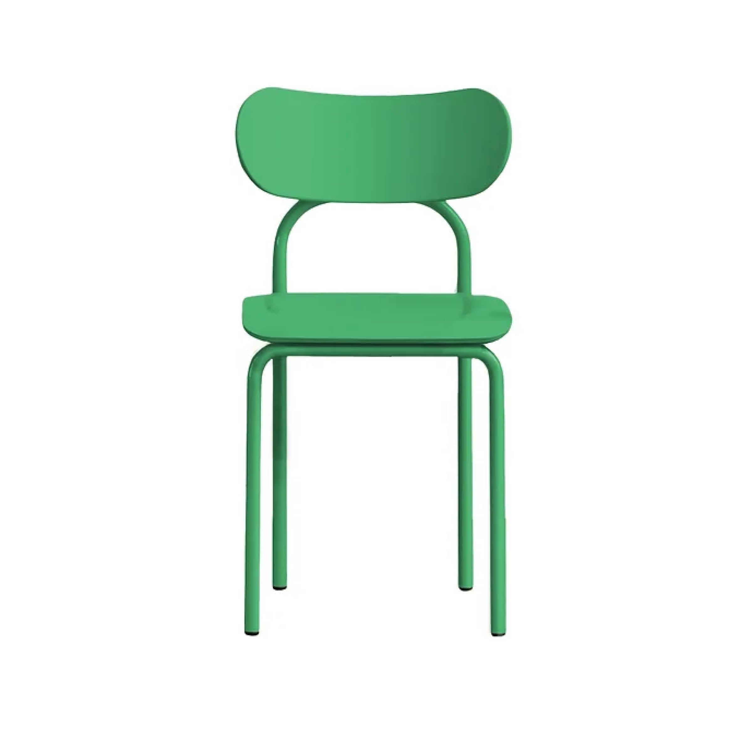 The Victor Foxtrot Double U Chair is a modern green chair with a minimalist design, featuring a rounded backrest and sleek flat seat. Supported by four straight tubular steel legs, it embodies iconic aesthetics, set against a plain white background.