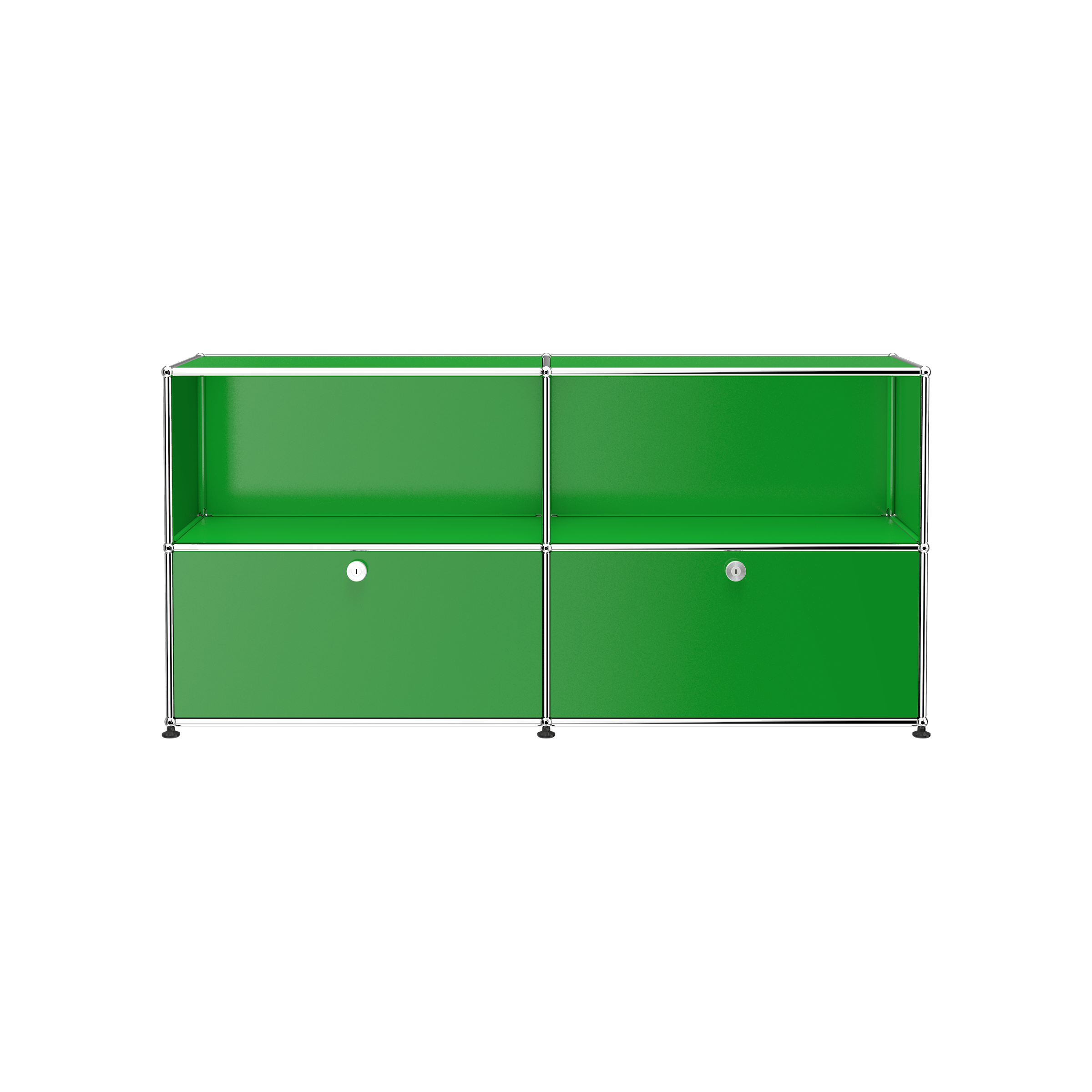 Haller Credenza C2A in green with open top shelves and two lockable drop-down doors on bottom.