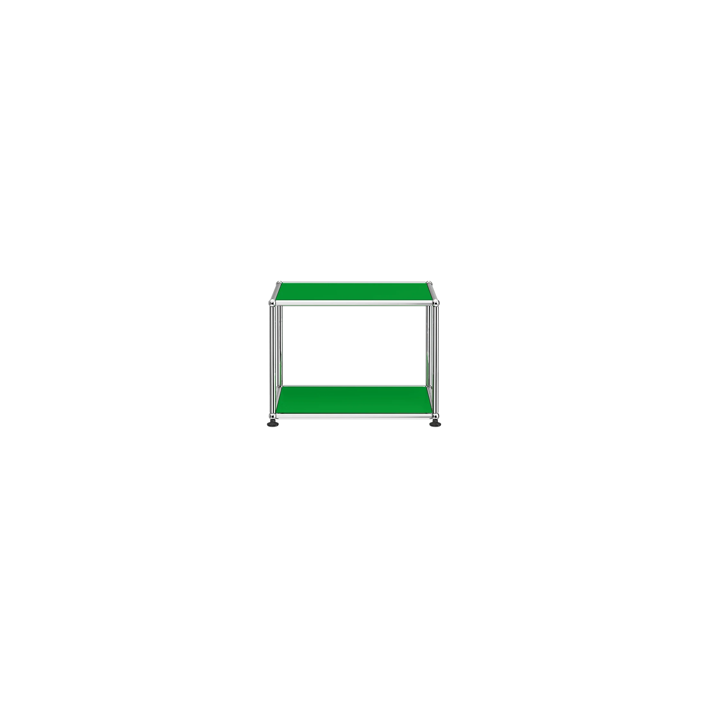 Haller Side Table M22 with green powder-coated steel panels and chrome steel frame, modern minimalist design.