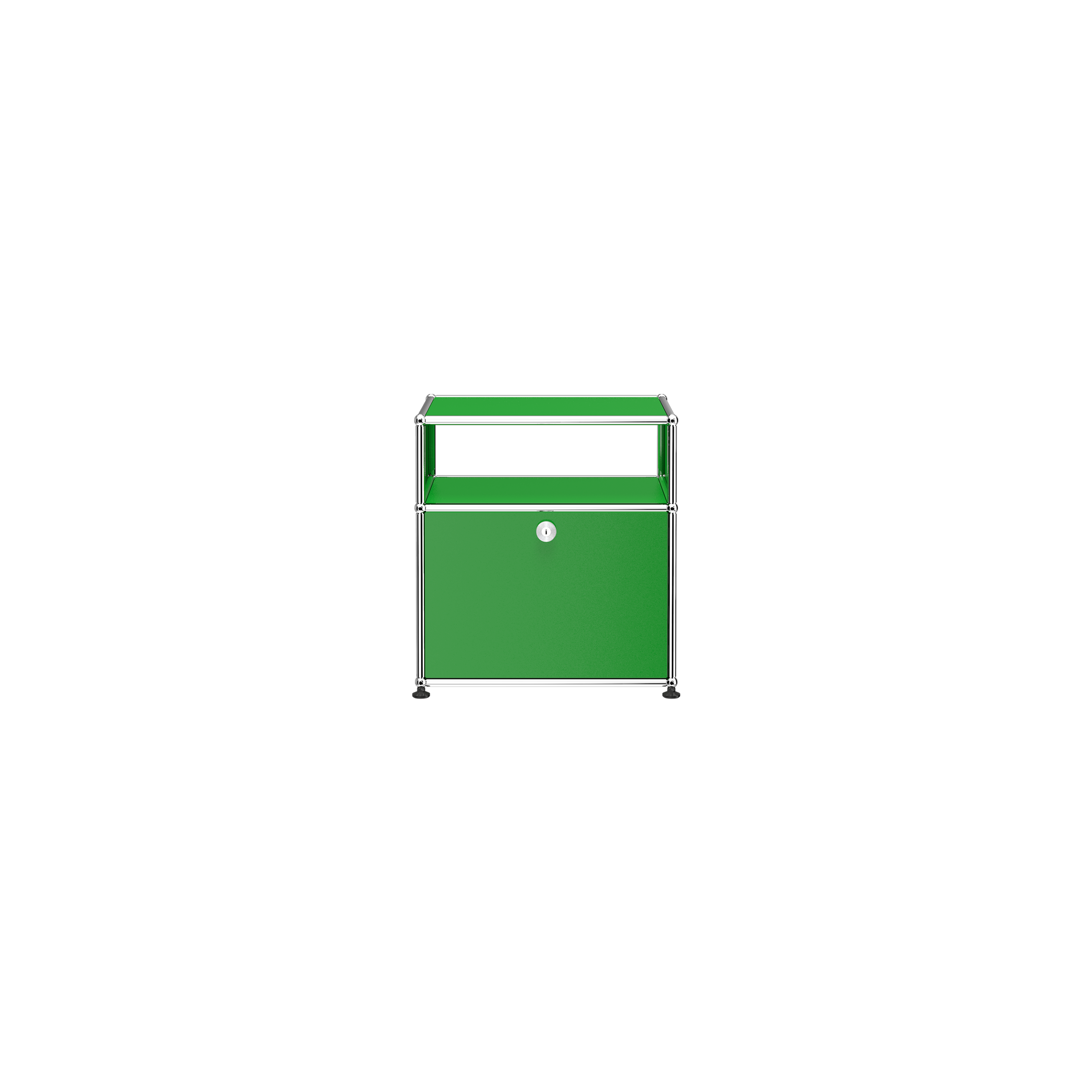 Haller Nightstand P in green powder-coated steel with open shelf and lockable drop-down door storage.