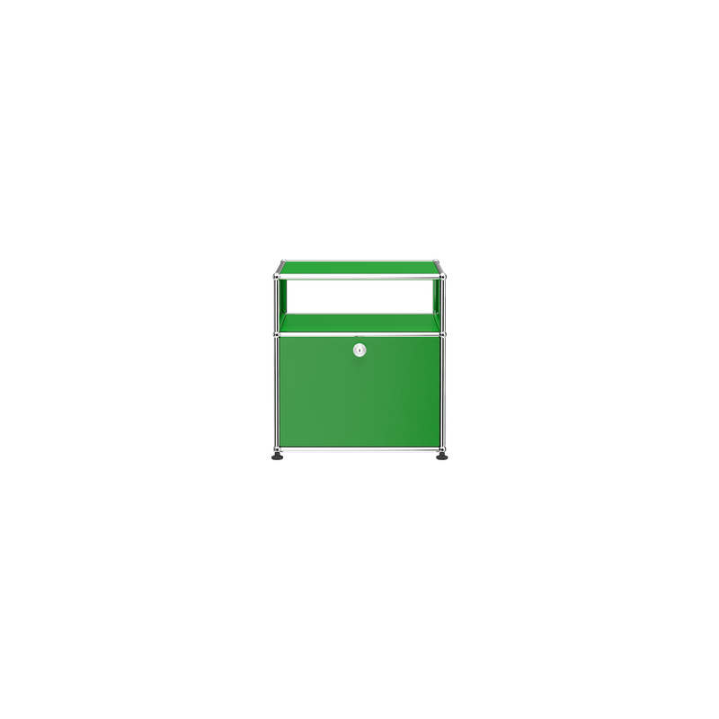 Haller Nightstand P in green powder-coated steel with open shelf and lockable drop-down door storage.