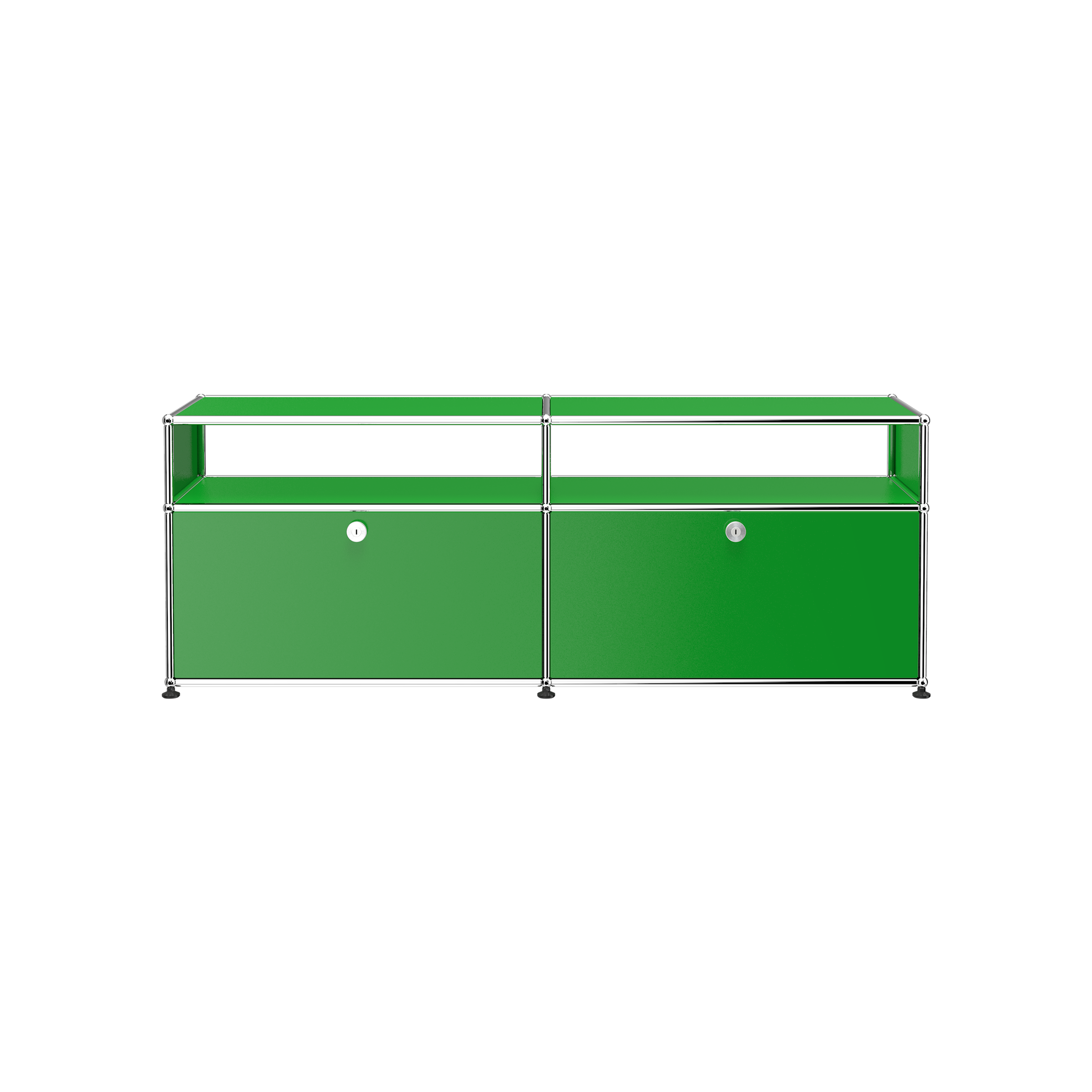 Haller Media O2 green powder-coated steel media credenza with two locking drop-down doors and chrome frame.