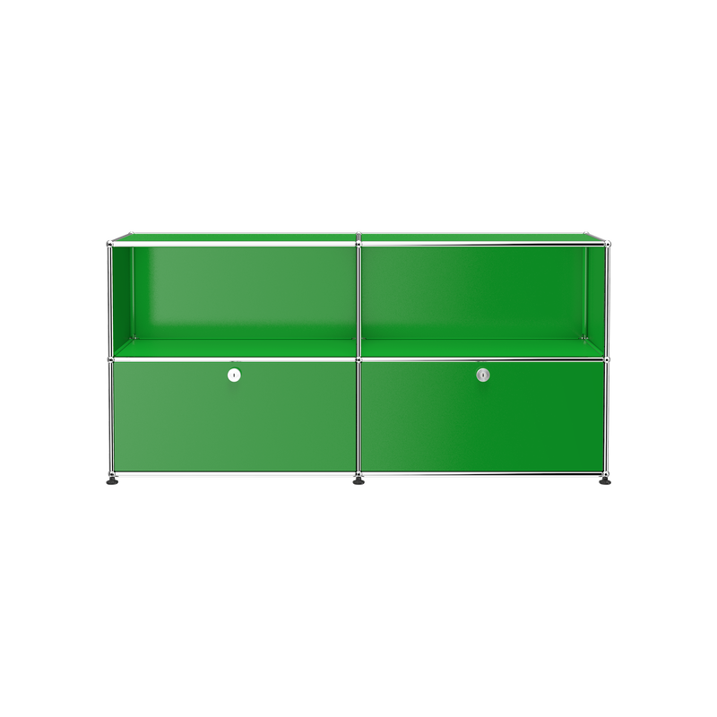 Haller Credenza C2A in green with open top shelves and two lockable drop-down doors on bottom.