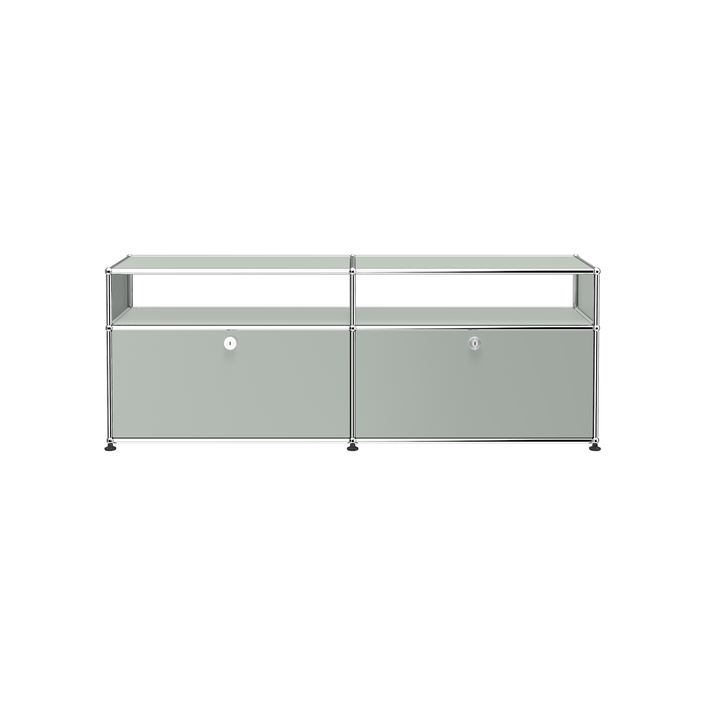 Haller Media O2 powder-coated steel media storage credenza with two lockable drop-down doors and open top shelf.