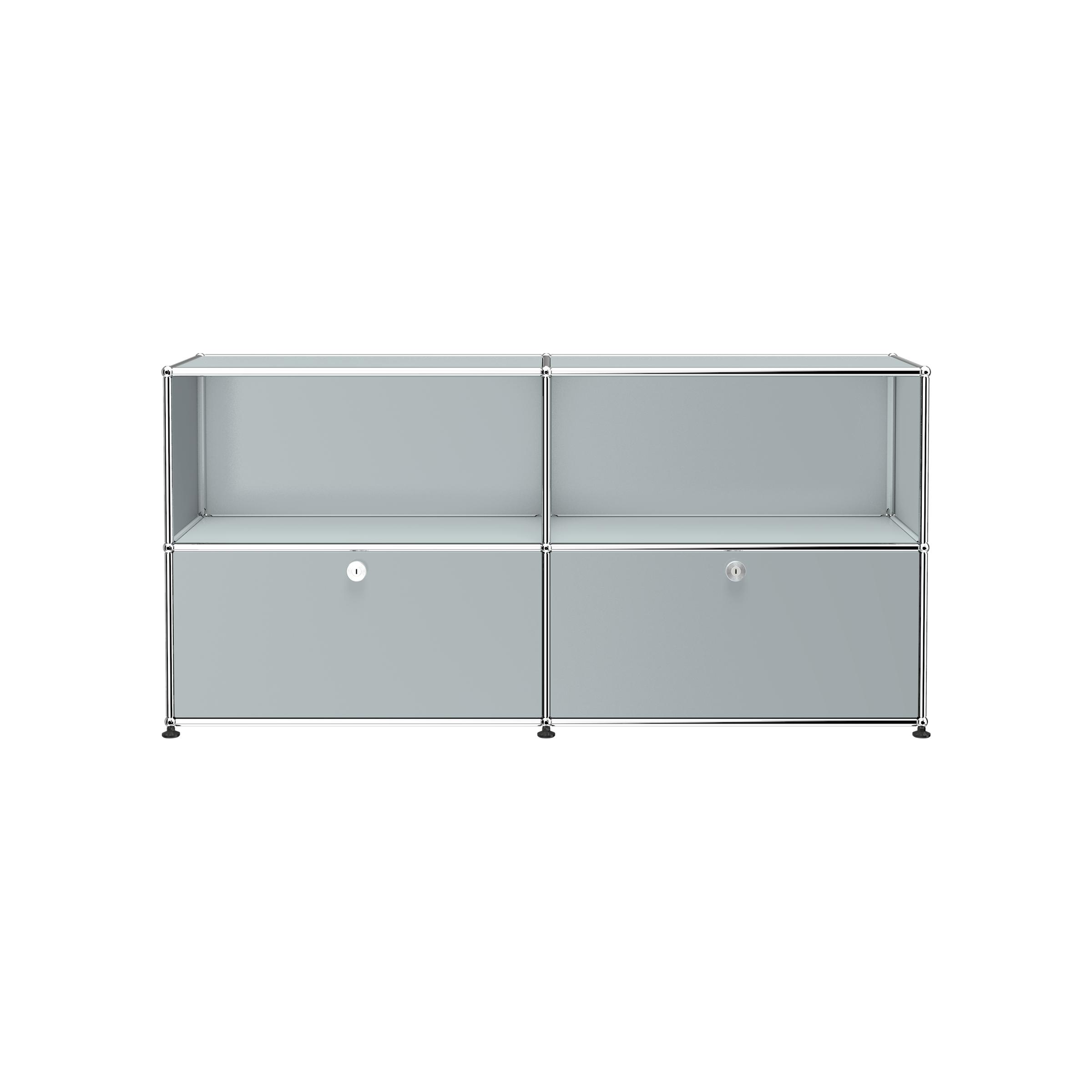 Haller Credenza C2A in light gray with open top sections and two lockable drop-down doors on bottom.