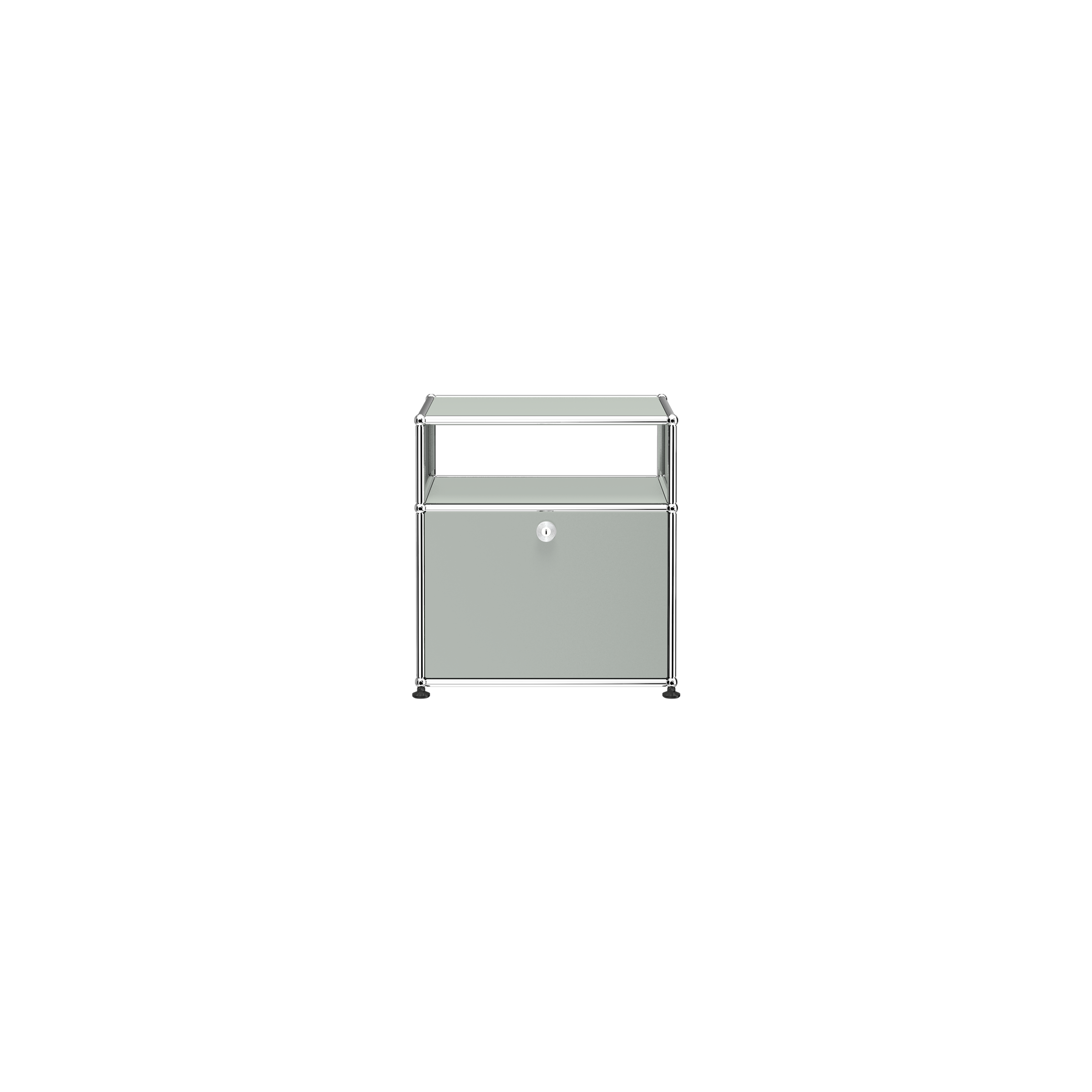 Haller Nightstand P with open shelf and lockable drop-down door, made of powder-coated steel and chrome frame.