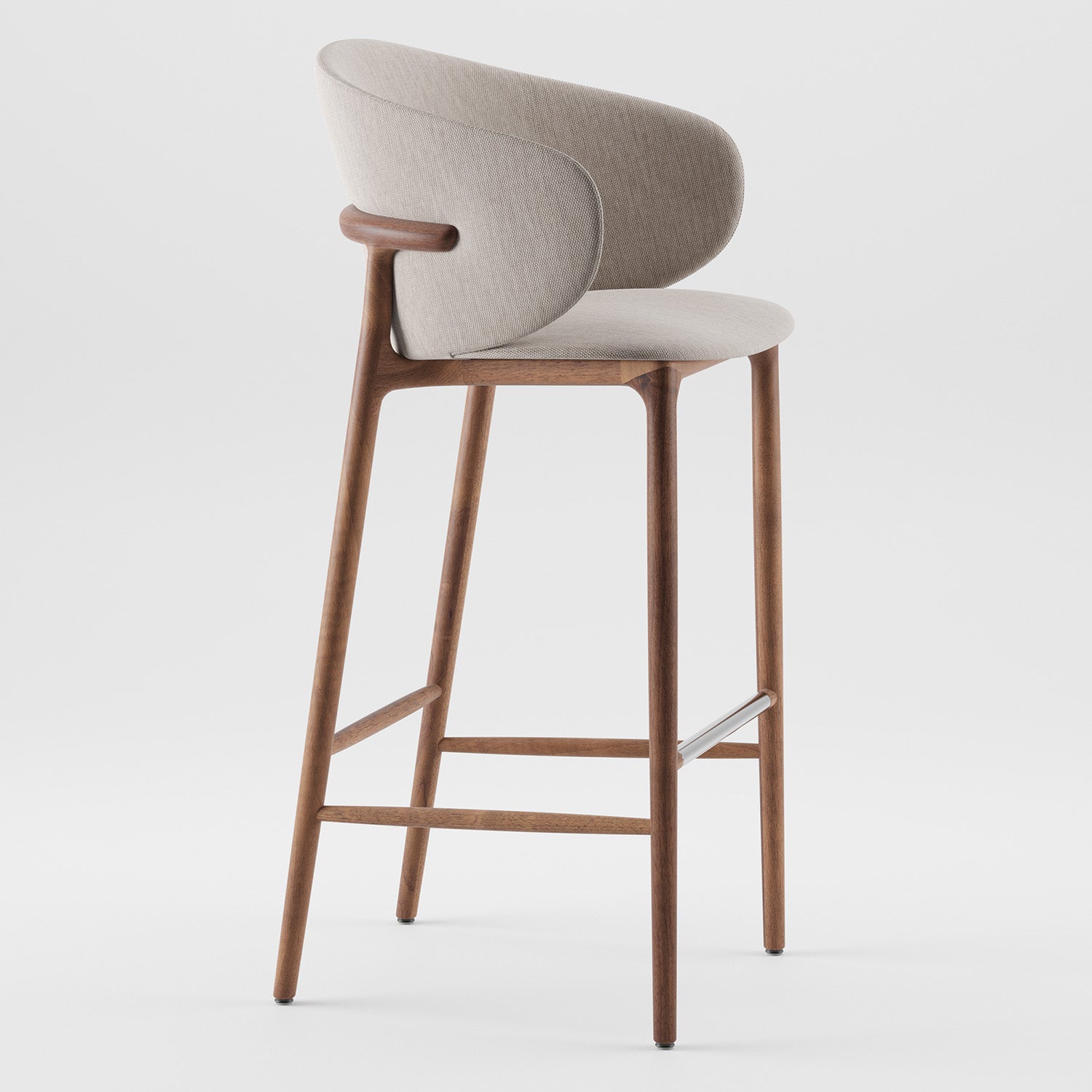 The Artisan Mela Bar Chair is a modern bar stool featuring a curved, cushioned light grey backrest and seat. Its sleek dark wood frame, inspired by mid-century design with supportive footrests and slightly splayed legs, exudes style and minimalism.