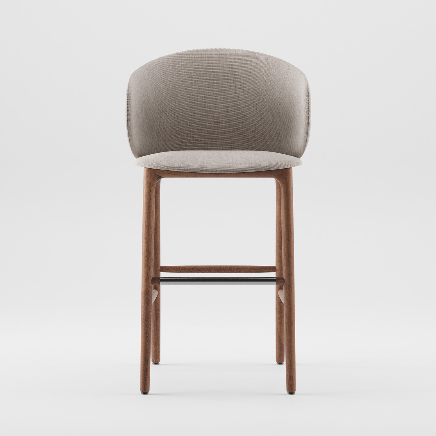 The Mela Bar Chair by Artisan is a modern, mid-century-inspired stool with a light grey fabric seat and upholstered backrest. It boasts a wooden frame with four legs and a footrest, combining minimalist and contemporary design elements.
