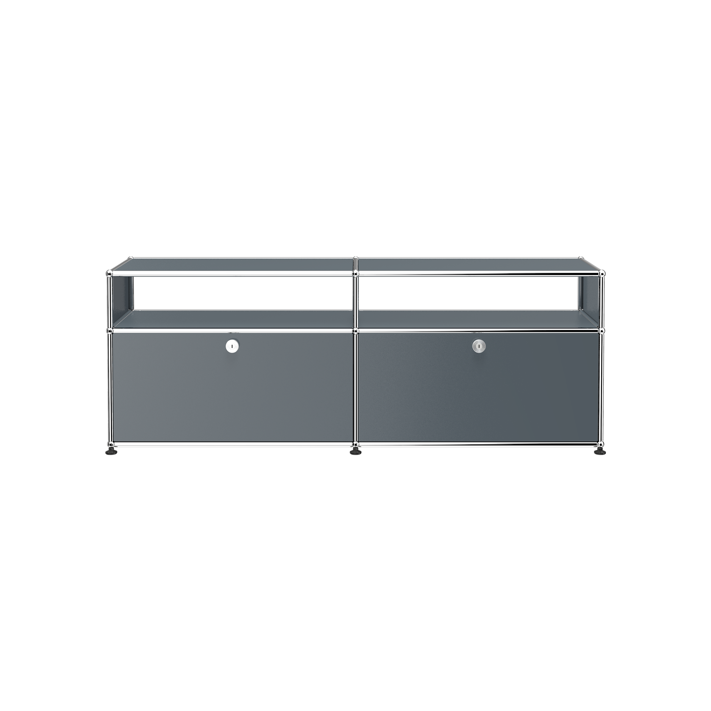 Haller Media O2 storage credenza with two lockable drop-down doors and cable cut-out in steel blue finish.