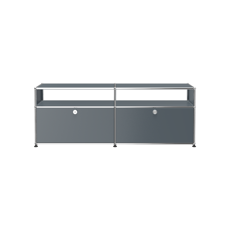 Haller Media O2 storage credenza with two lockable drop-down doors and cable cut-out in steel blue finish.