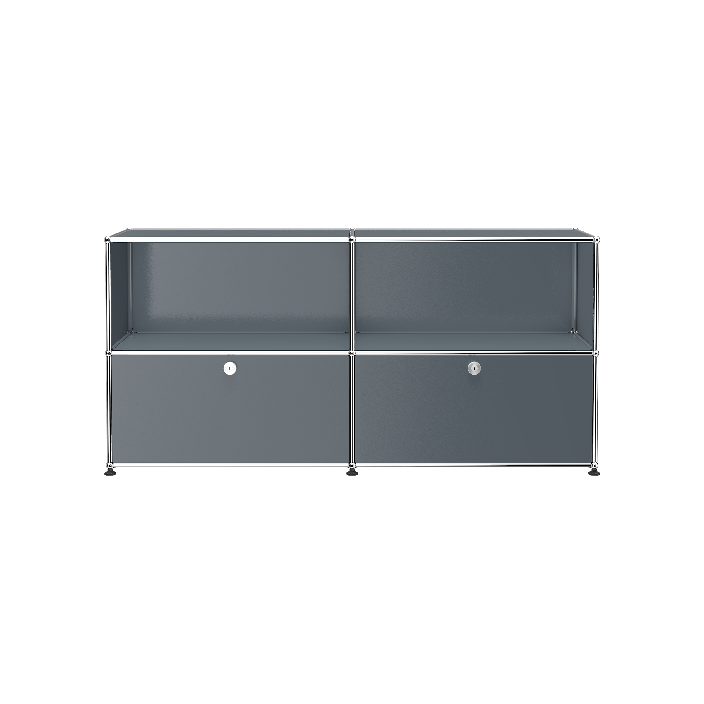 Haller Credenza C2A in steel blue with open top shelves and two locked drop-down doors on bottom.