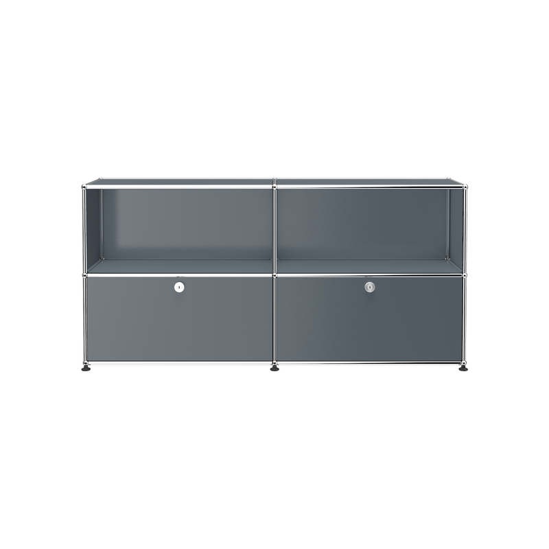 Haller Credenza C2A in steel blue with open top shelves and two locked drop-down doors on bottom.