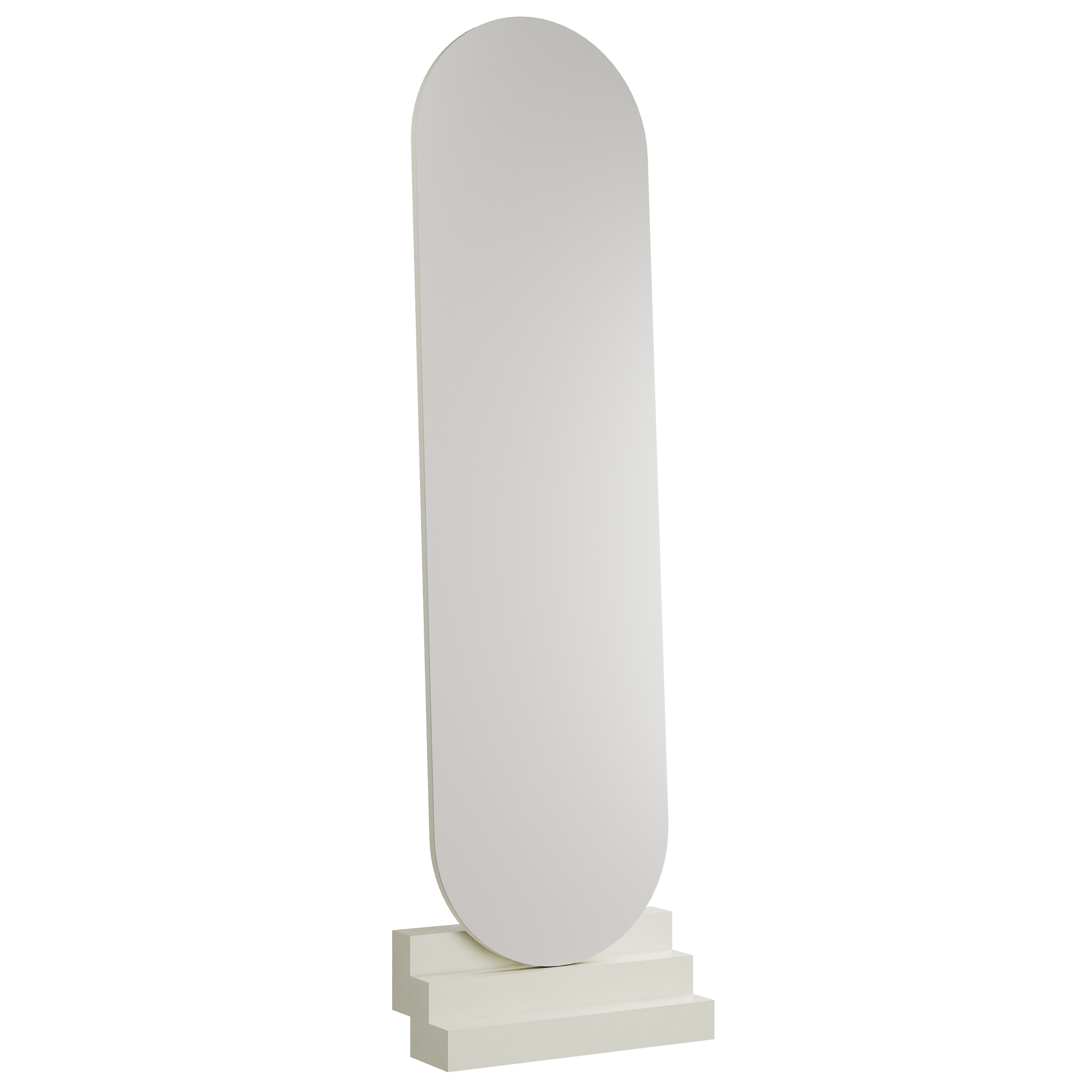 NONCHALANT Mirror with rounded edges leaning on white lacquered matte beech stairs, modern minimalist design.