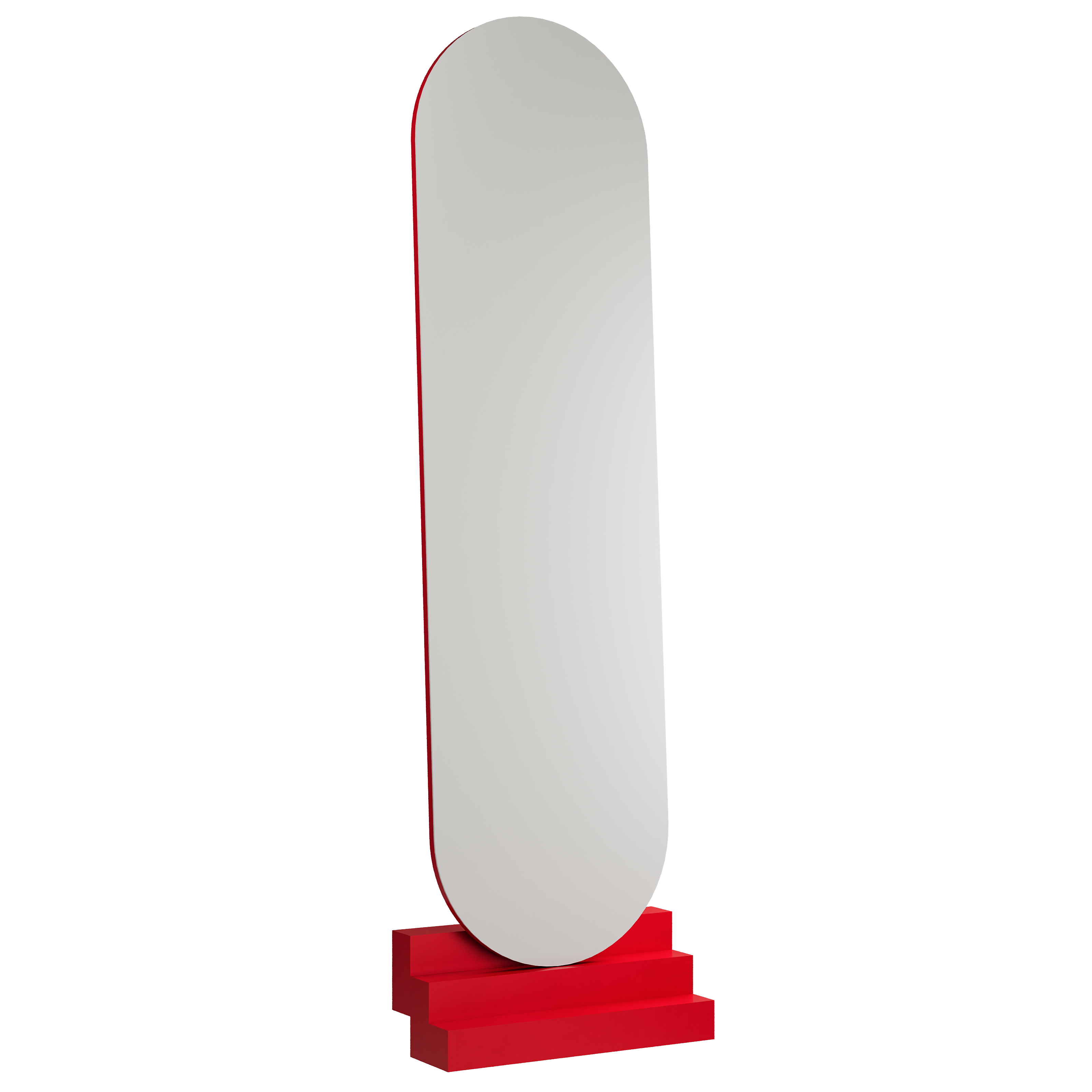 NONCHALANT Mirror with rounded top, traffic red lacquered stairs, and matt glass on MDF wall-mounted design.