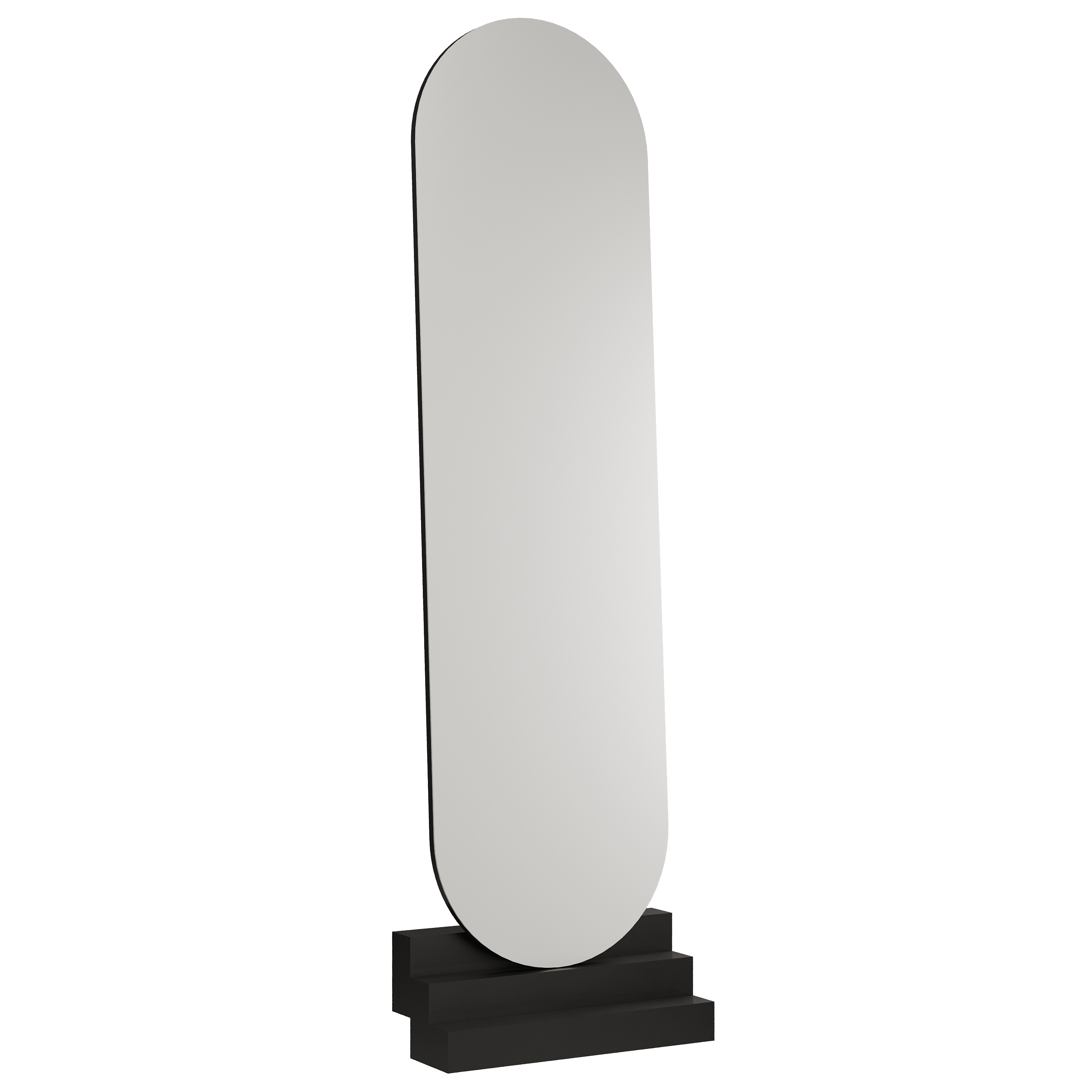 NONCHALANT Mirror with rounded top, leaning design on black lacquered solid beech stairs, modern minimalist style.
