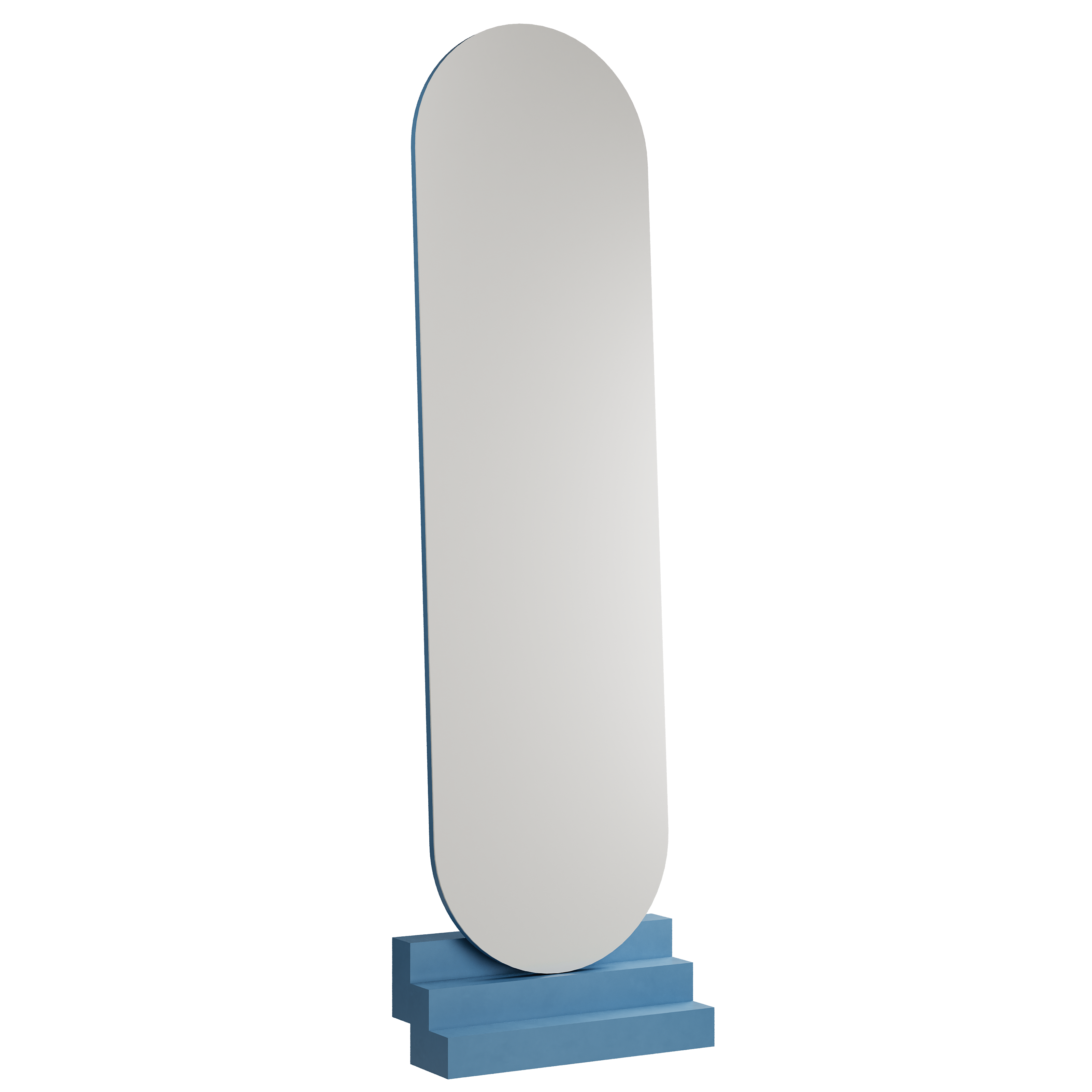 NONCHALANT Mirror with elongated oval glass and blue matte lacquered solid beech stairs base in a sleek minimalist design.