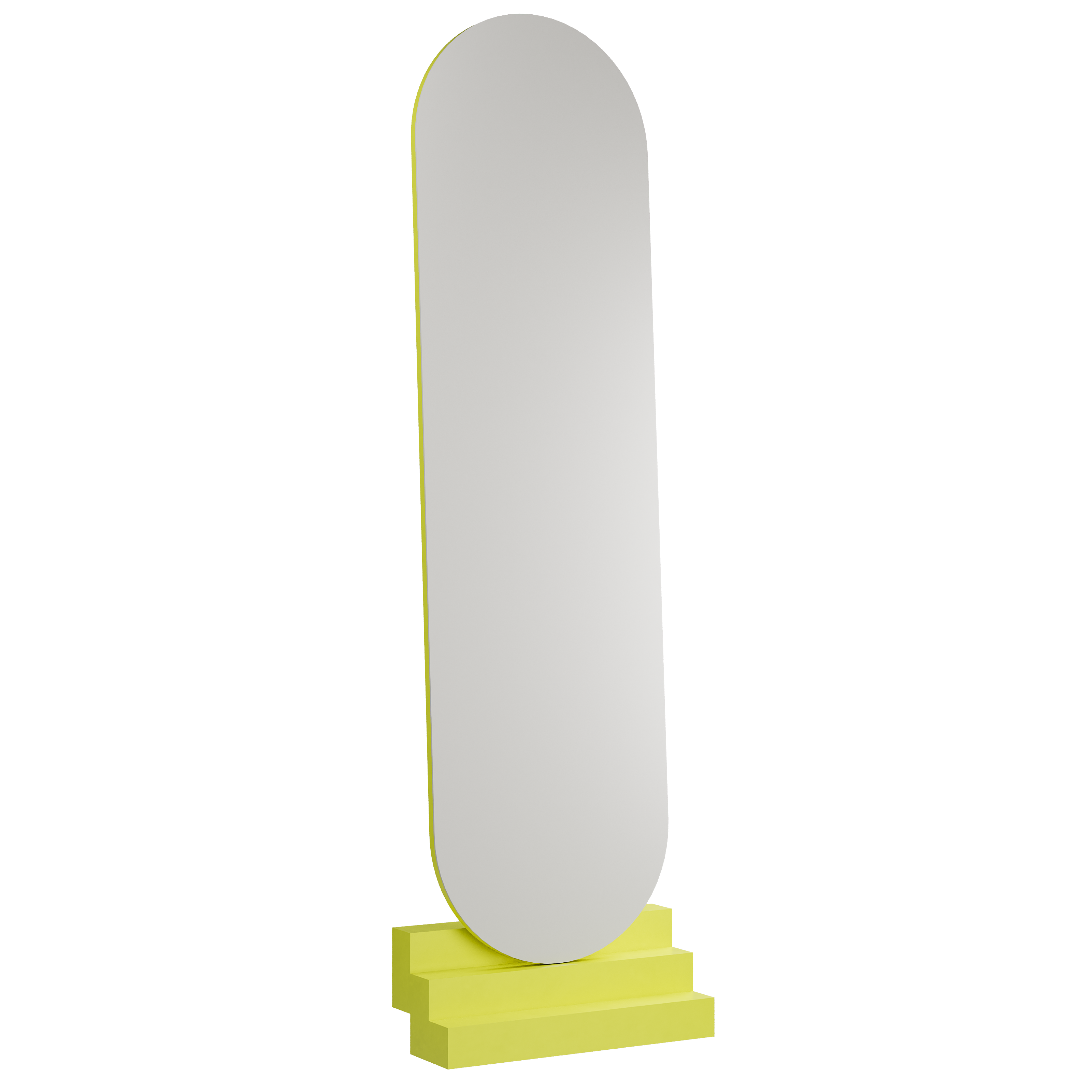 NONCHALANT Mirror with tall rounded glass on yellow solid beech stairs base in modern minimalist design.
