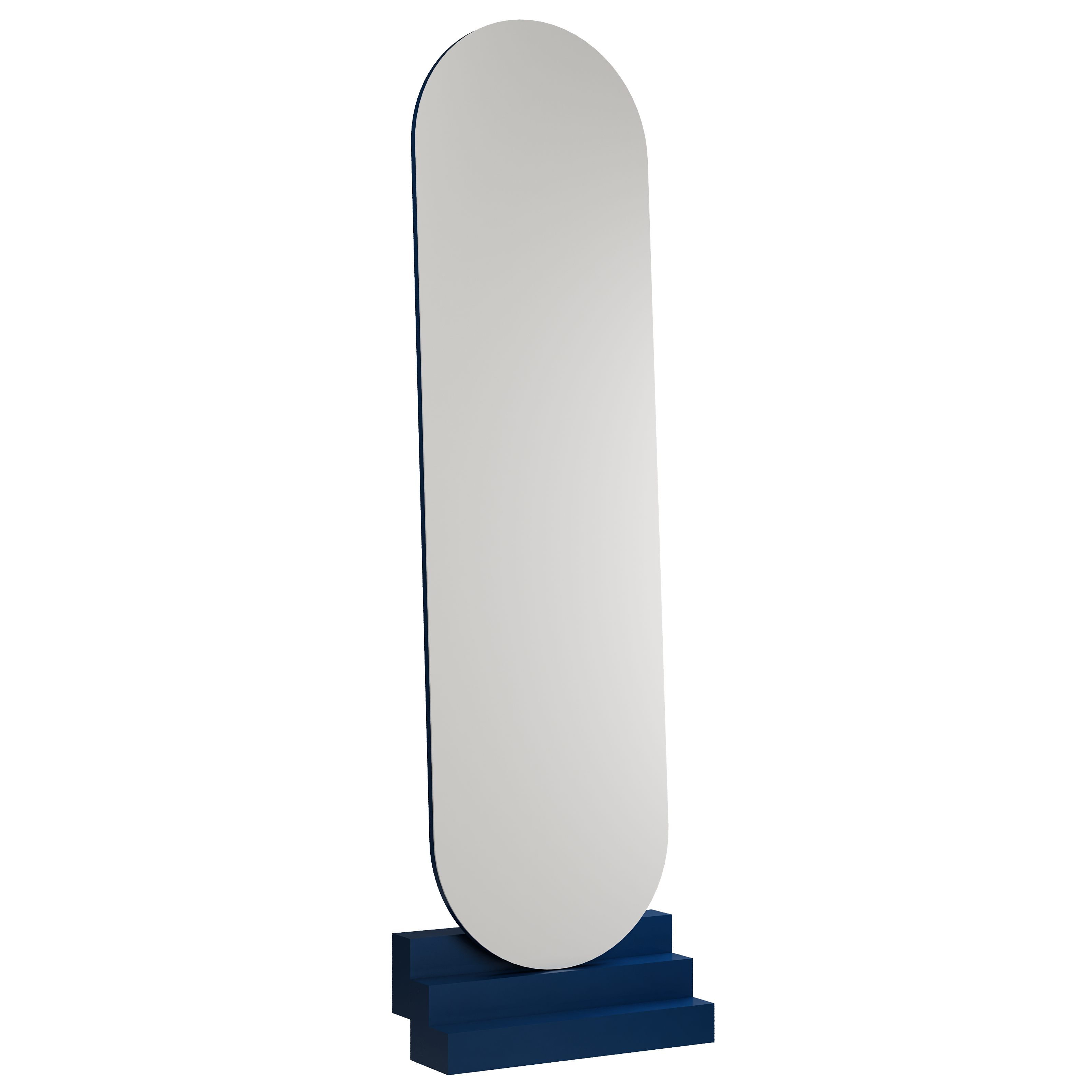 NONCHALANT Mirror with elongated oval glass and matte sapphire blue lacquered solid beech stairs base.