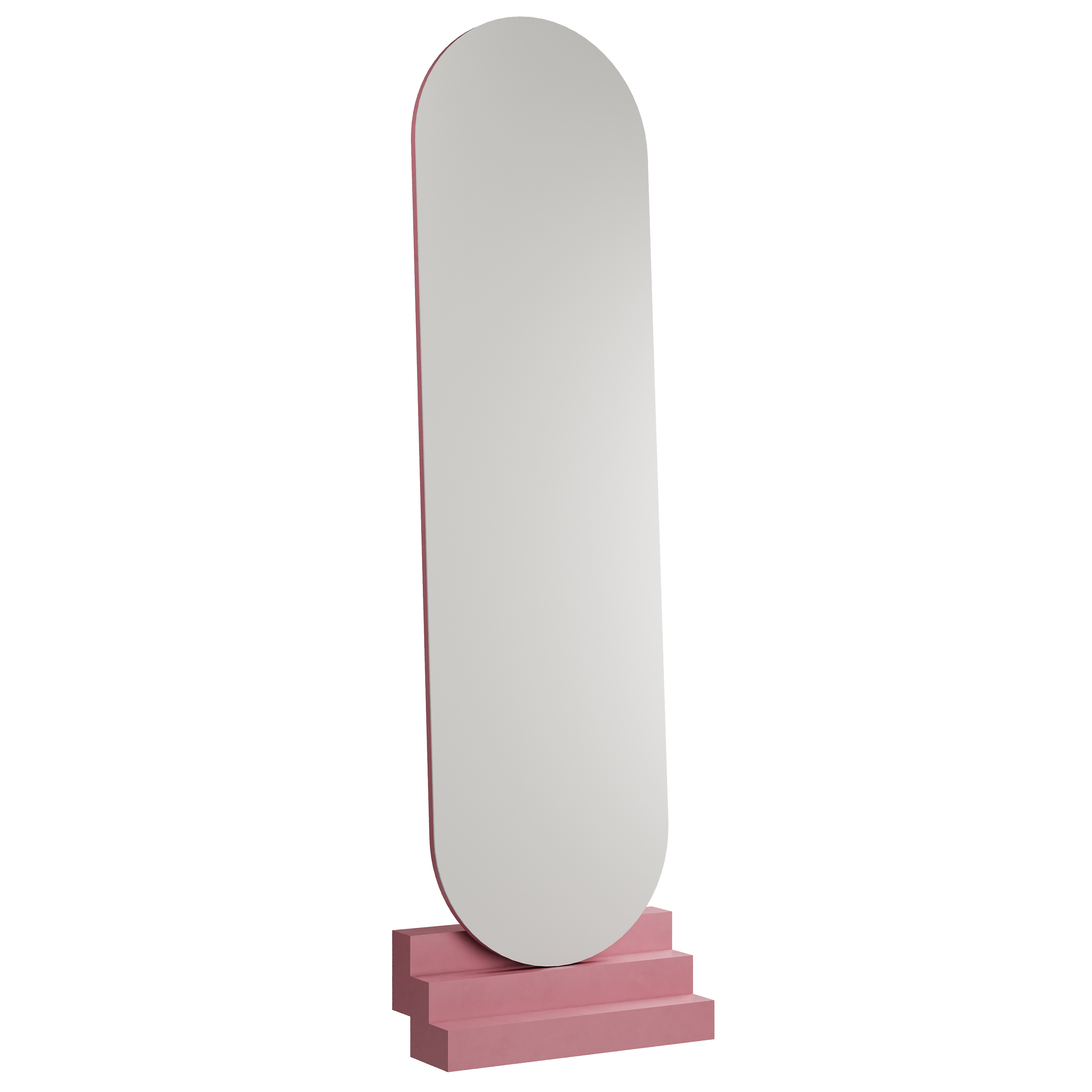NONCHALANT Mirror with rounded top and pink lacquered beech stairs base in modern minimalist design.