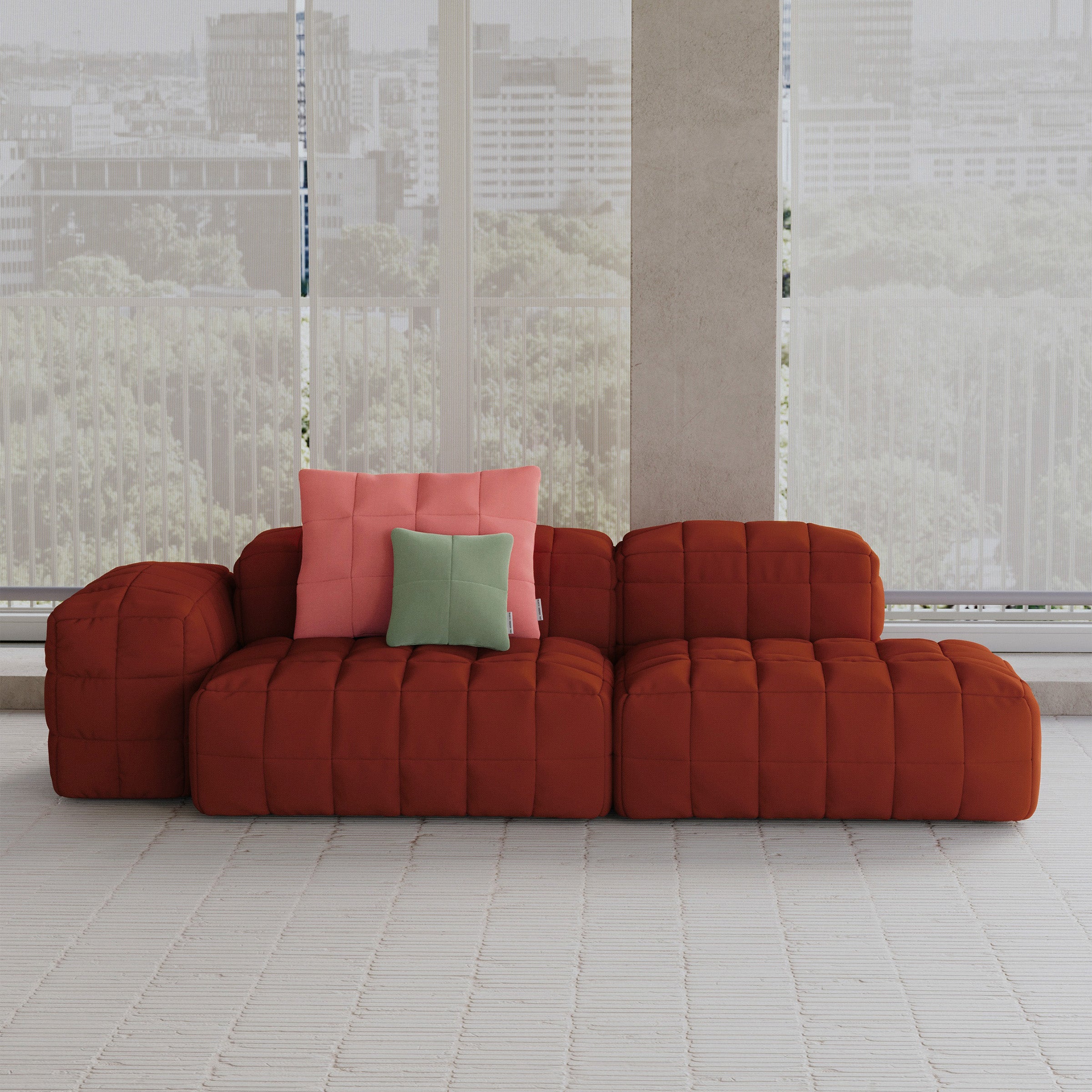Henn Sofa with modular design, quilted cushions, and cozy textured upholstery in a modern living space.