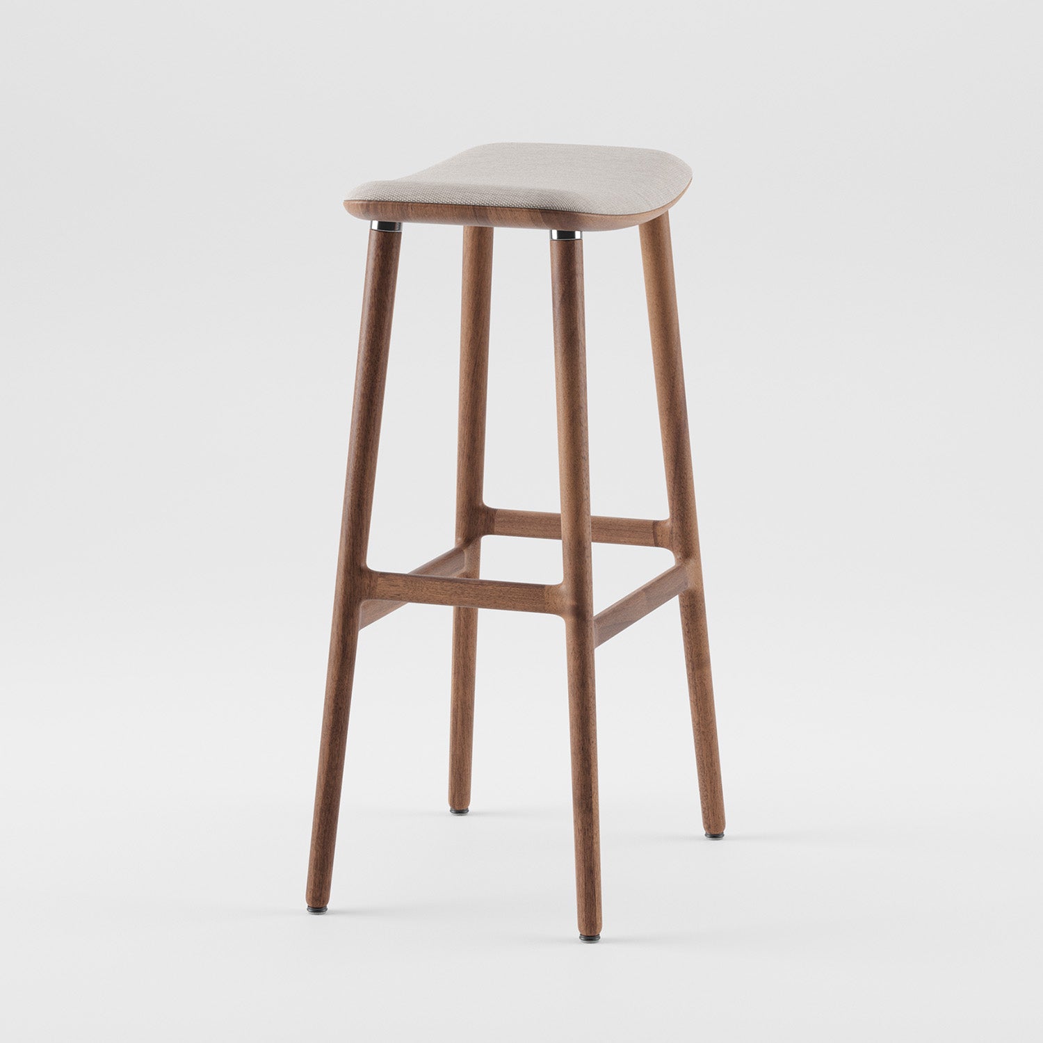 The NARU Barstool by Artisan boasts a minimalist design with a light-colored rectangular seat and solid wooden legs. Its four legs, connected by two horizontal supports near the base, are showcased against a plain white background, highlighting its luxurious wood texture.