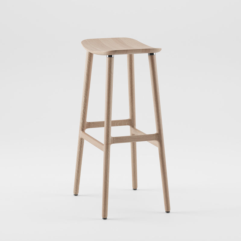 The NARU Barstool by Artisan features a simple, modern design crafted from solid wood. Its four legs and flat seat offer elegance, while the luxurious texture and natural finish enhance its minimalist appeal—making it a perfect choice for eco-friendly living spaces.