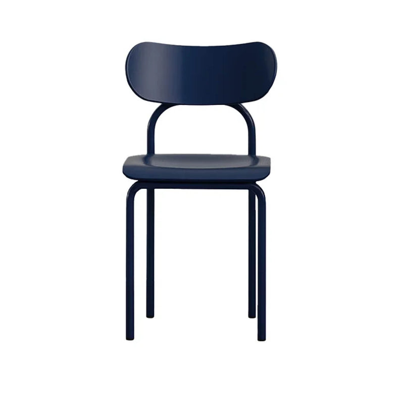 Victor Foxtrots Double U Chair, in dark blue with a minimalist design, features a rounded backrest and flat seat. It showcases four tubular steel legs and a simple, modern look against a plain white background.