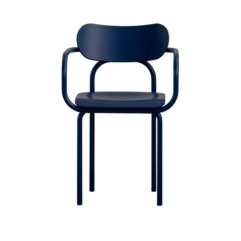 The Victor Foxtrot Double U Armchair is a modern, dark blue chair with an iconic, minimalist design. It has a rounded backrest and seat, armrests, and slender tubular steel legs, shown against a plain white backdrop.