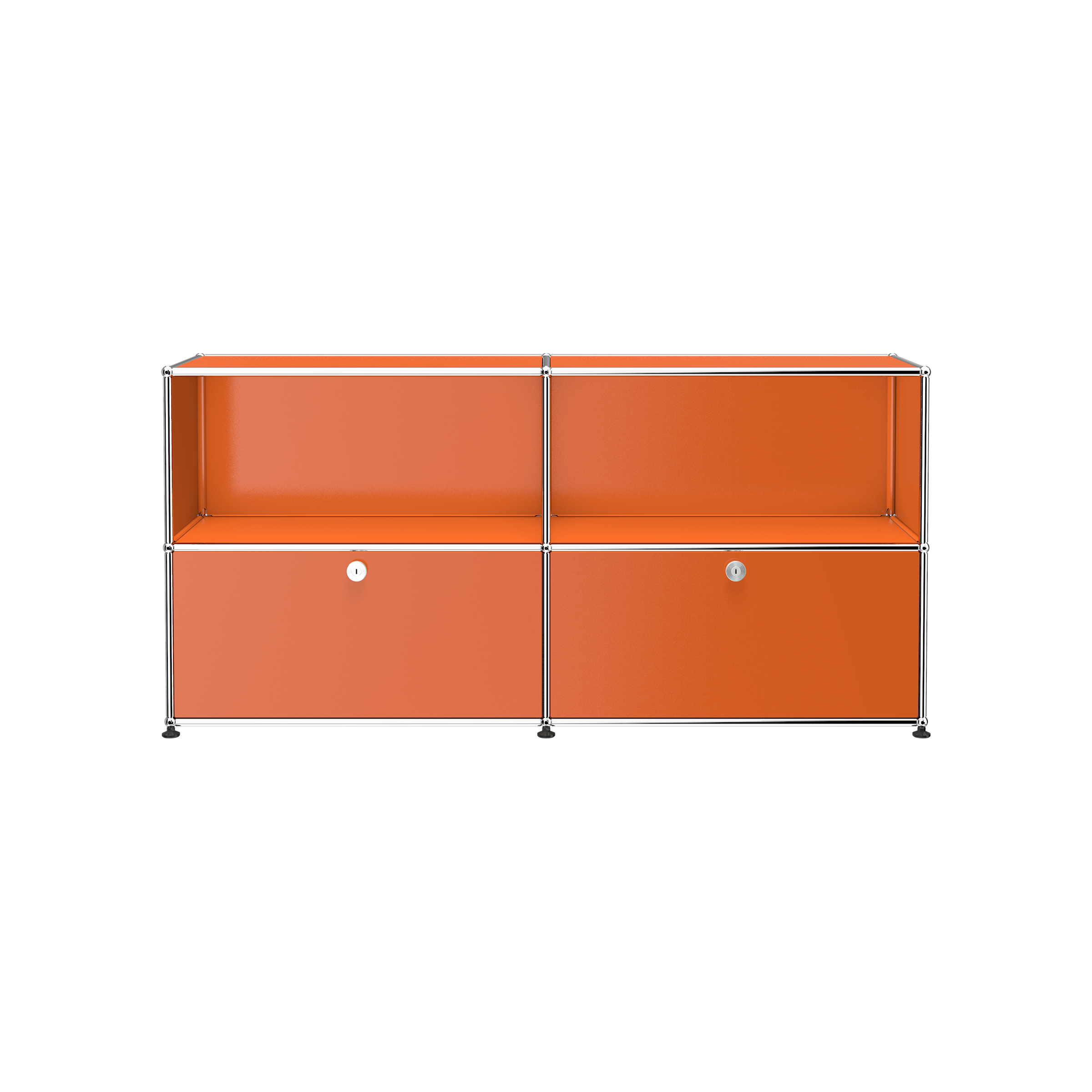Haller Credenza C2A with open top shelves and two locked drop-down orange doors in powder-coated steel and chrome frame.