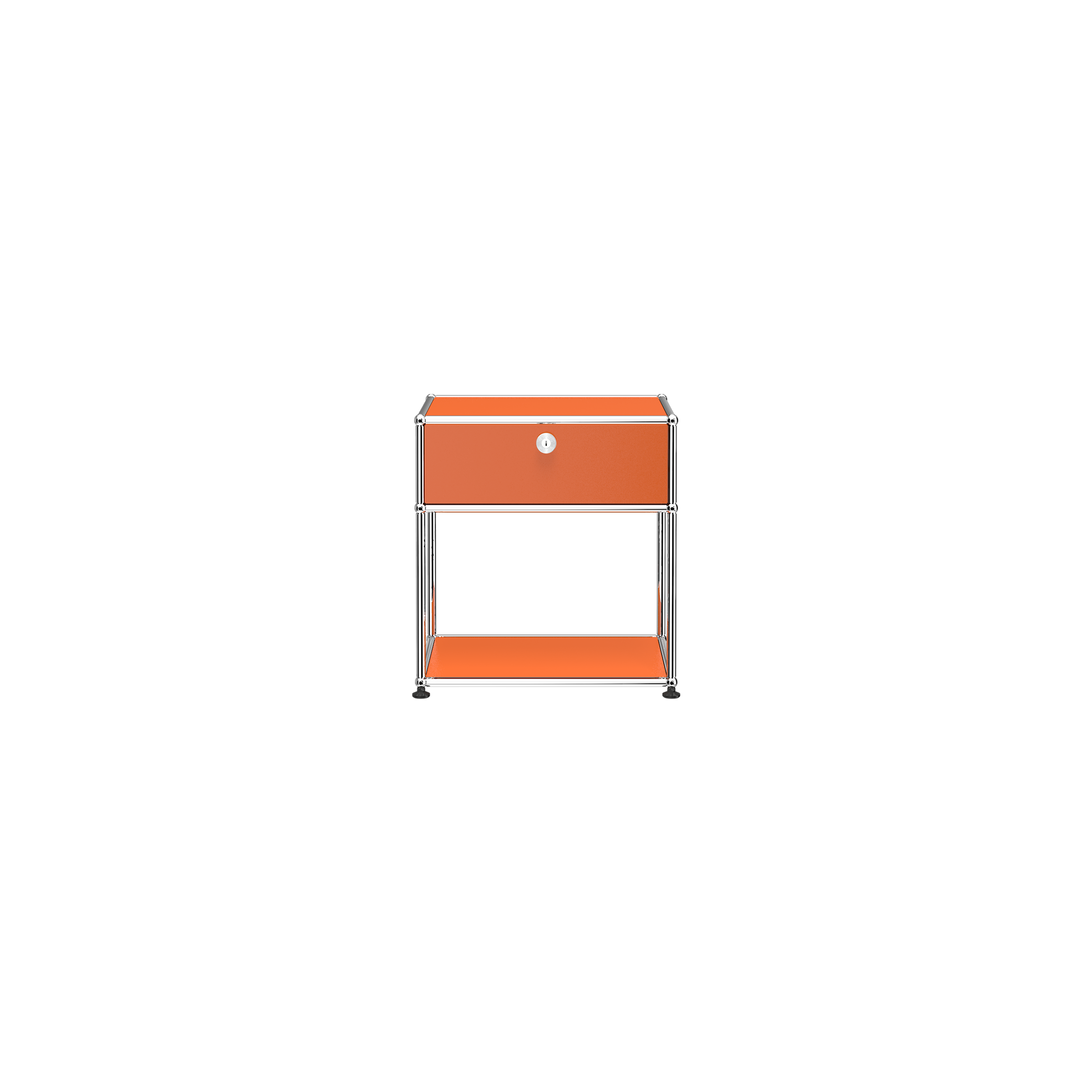 Haller Nightstand P2 in orange with powder-coated steel panels and chrome steel frame, featuring a lockable drop-down door.