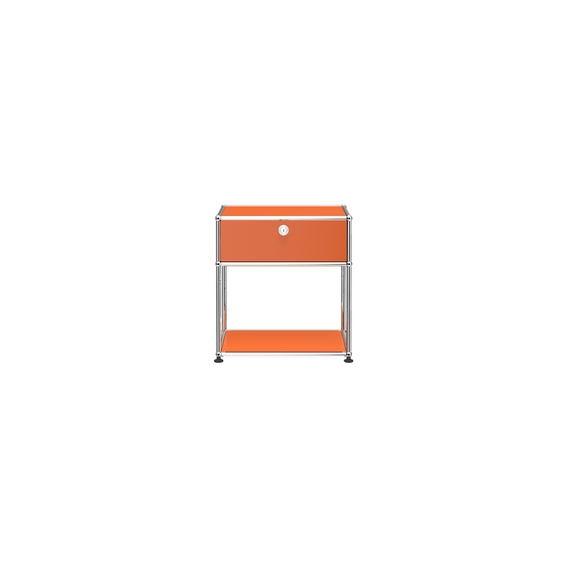 Haller Nightstand P2 in orange with powder-coated steel panels and chrome steel frame, featuring a lockable drop-down door.
