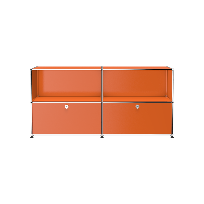 Haller Credenza C2A with open top shelves and two locked drop-down orange doors in powder-coated steel and chrome frame.