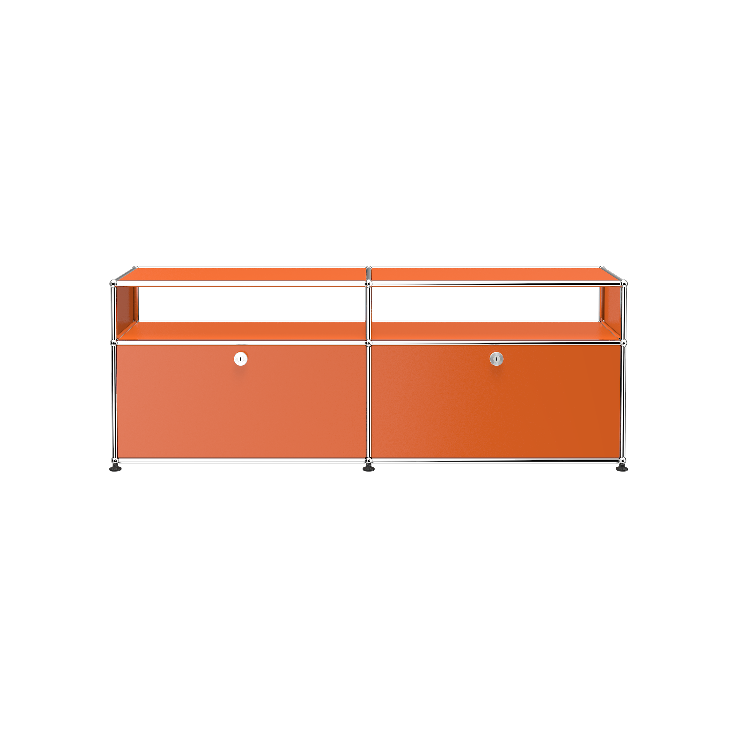 Haller Media O2 media storage credenza in powder-coated steel with two lockable drop-down doors in pure orange.