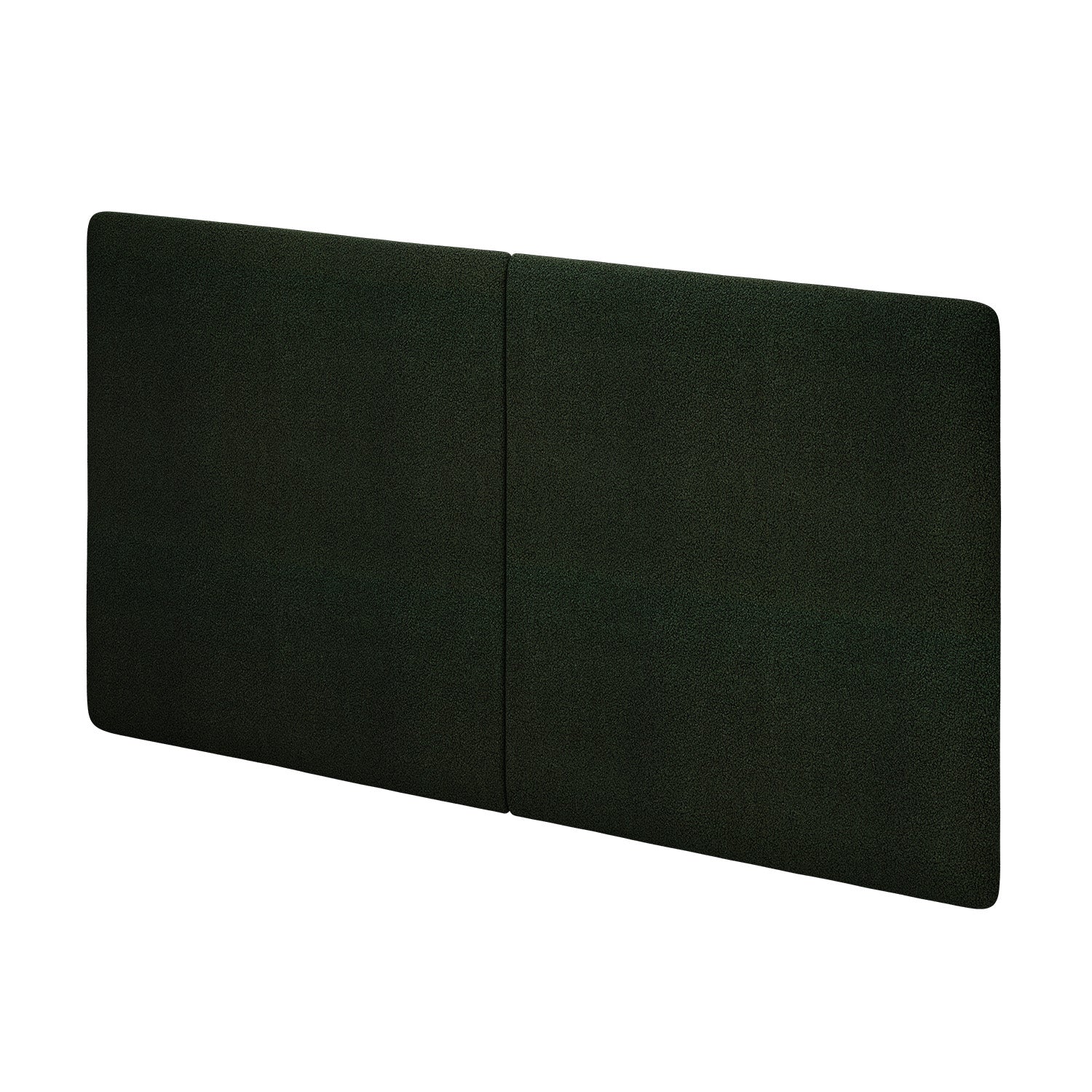 The Frey MAX Headboard by Objekte unserer Tage, in dark green upholstered foam, features two connected rectangles with rounded edges. This modern, minimalistic piece is perfect for soundproofing and enhancing bedroom acoustics.