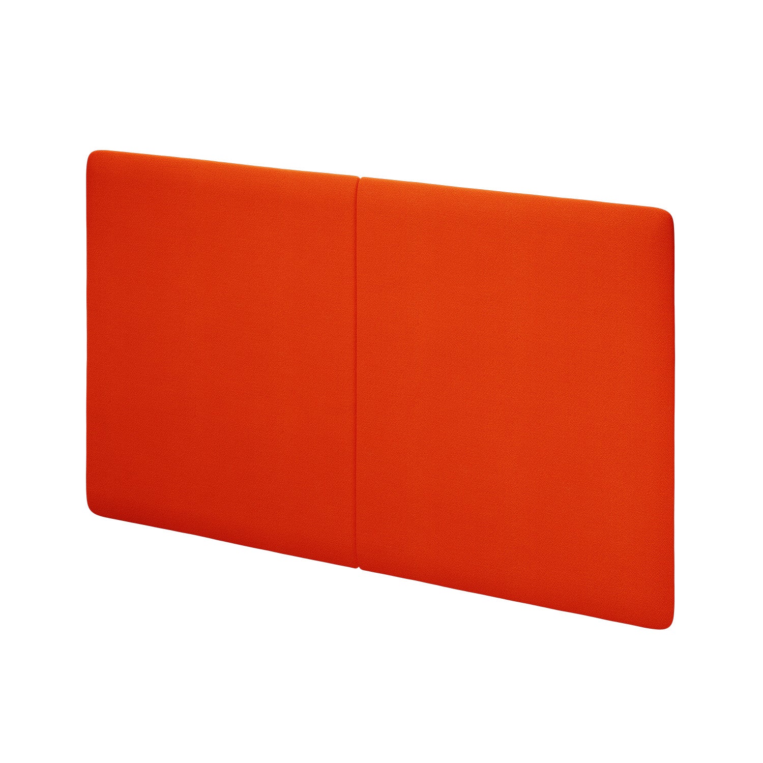 An orange, rectangular Frey MAX Headboard by Objekte unserer Tage features two angled panels upholstered in premium fabric. Its smooth, padded surface offers acoustic control or office separation, adding elegance to any space against a plain white background.