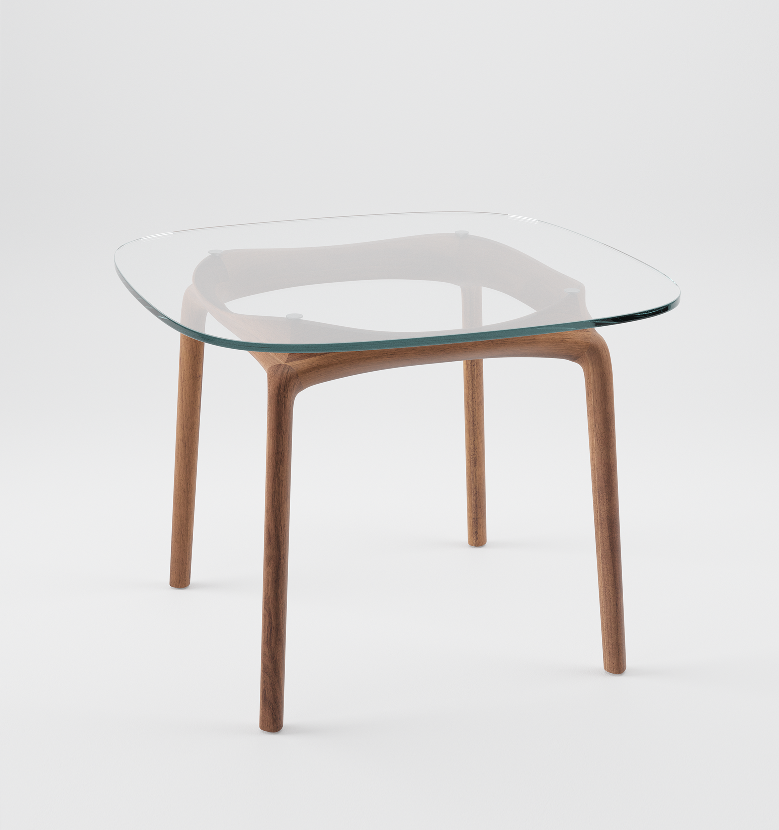 The PASCAL Square Table by Artisan features a minimalist design with a clear glass top and solid wooden legs. Its modern style combines environmentally-friendly materials, rounded corners, natural wood, and transparent glass against a plain white background.