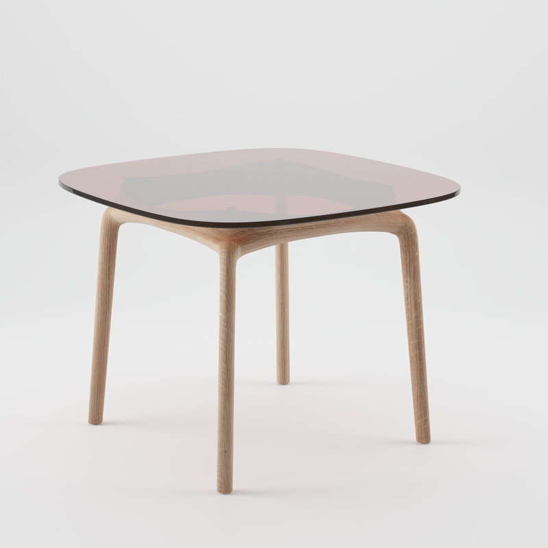 The PASCAL Square Table by Artisan features a modern design, showcasing a square glass top in brown tint and four gracefully curved solid wood legs, set against a plain white background.