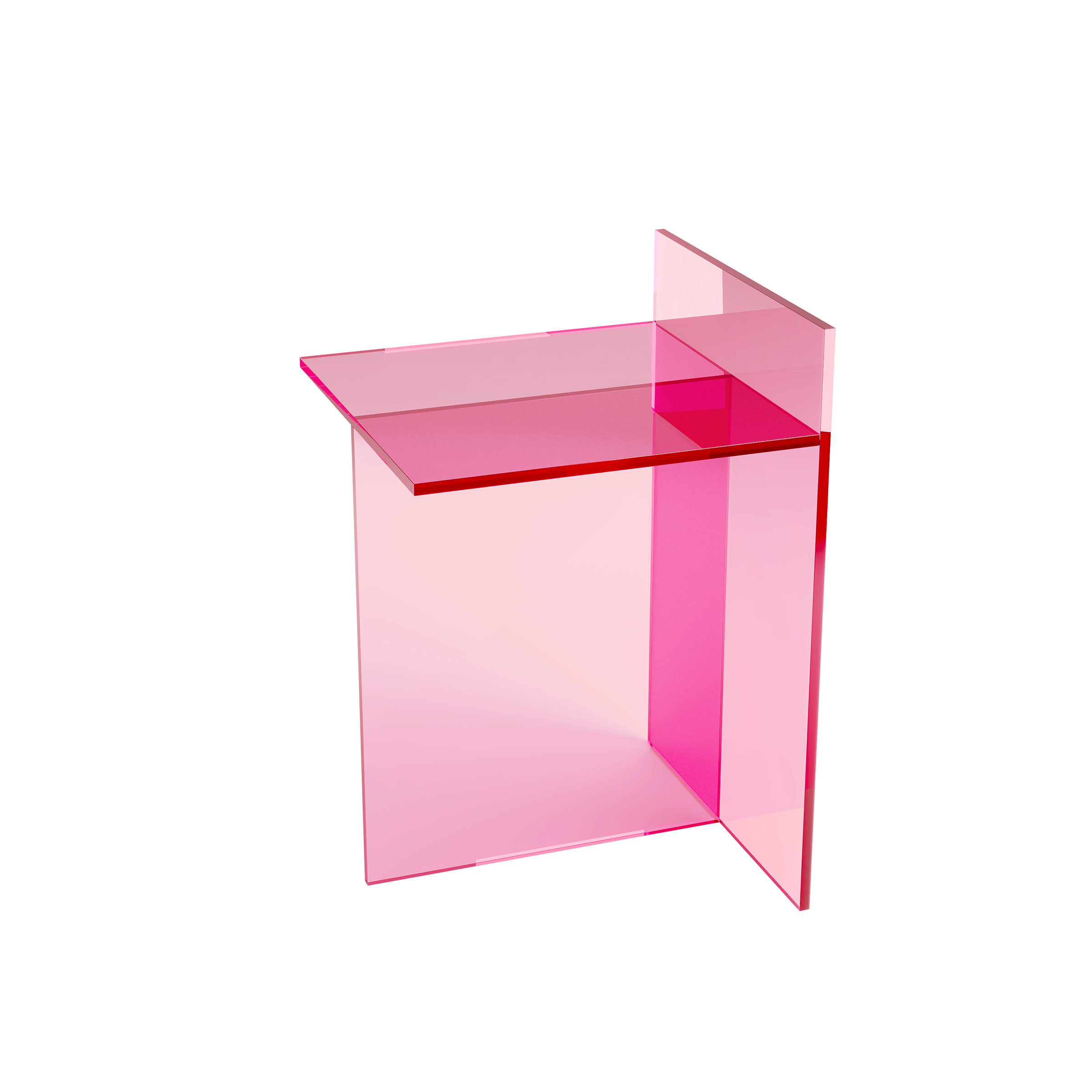 THEO Glass Side Table in ruby red PVB glass with intersecting glass panels forming a T shape, modern and versatile design.