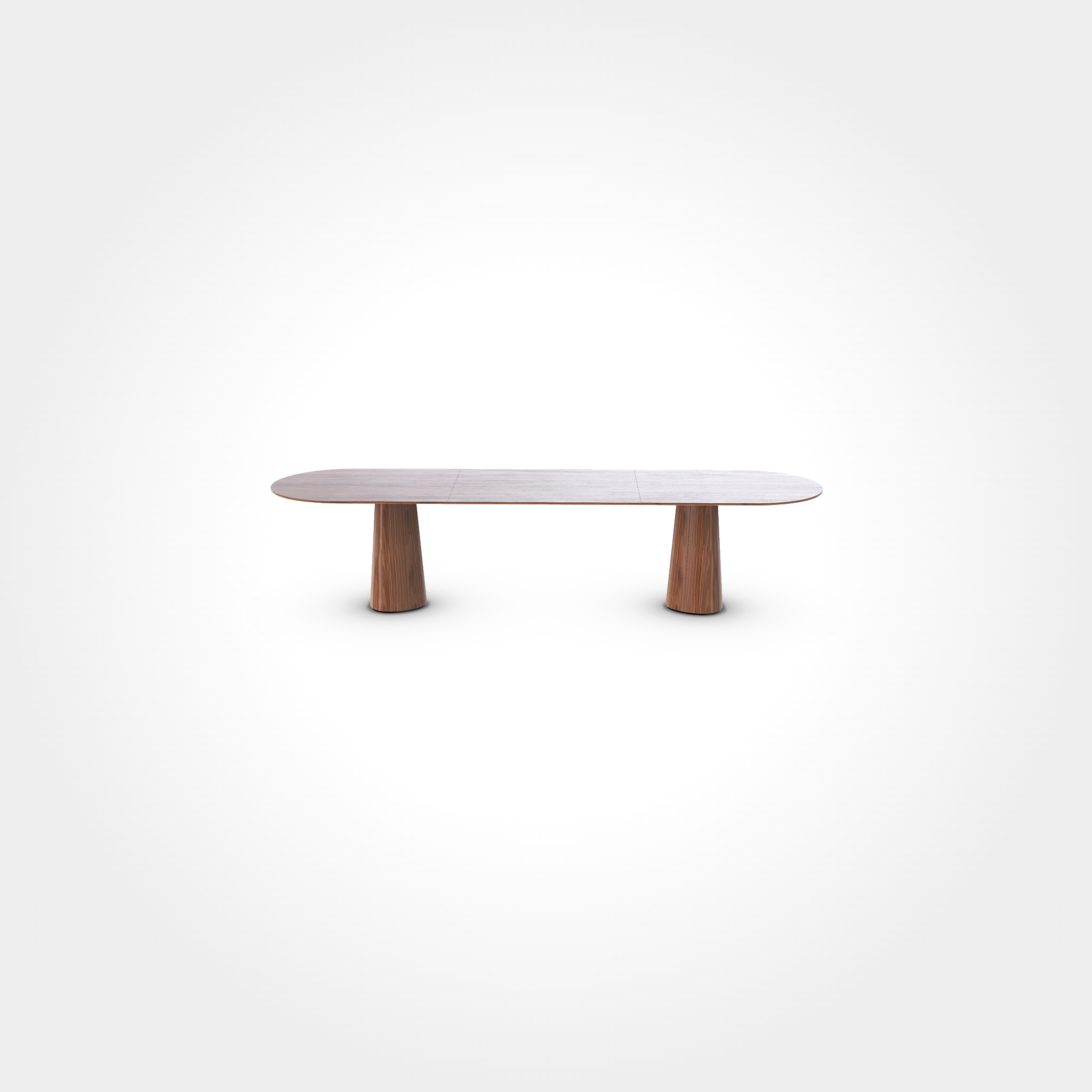The P.O.V. Plus Table 480 by TON is a sleek, modern piece with a rectangular wooden top, rounded corners, and two cylindrical wooden legs at each end. Its minimalist design against a plain white background makes it ideal for both hospitality dining and stylish home interiors.