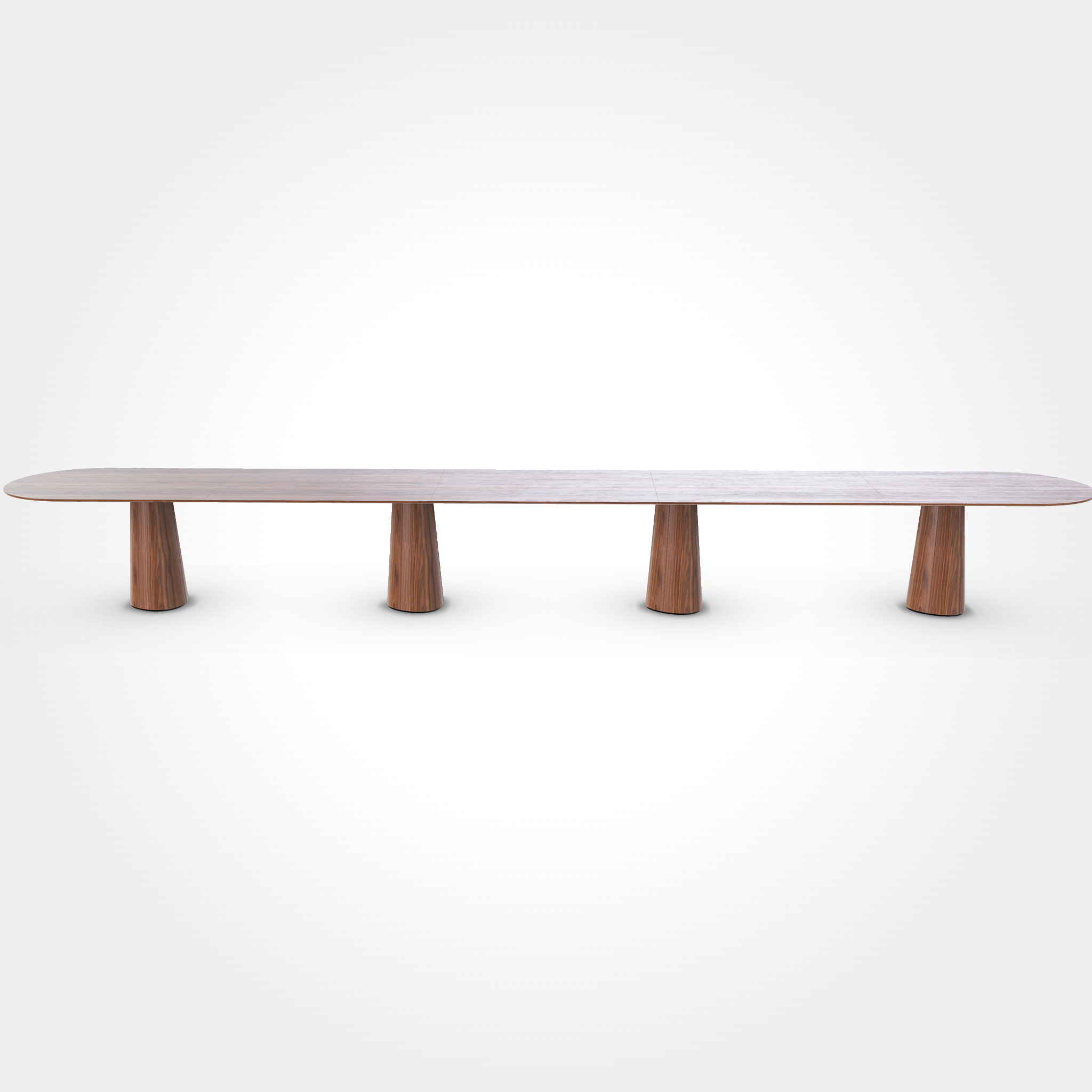 The P.O.V. Plus Table 480 by TON is a long wooden hospitality dining table featuring a smooth surface, rounded edges, and four evenly spaced cylindrical wooden legs. Its minimalist design is set against a plain white background.