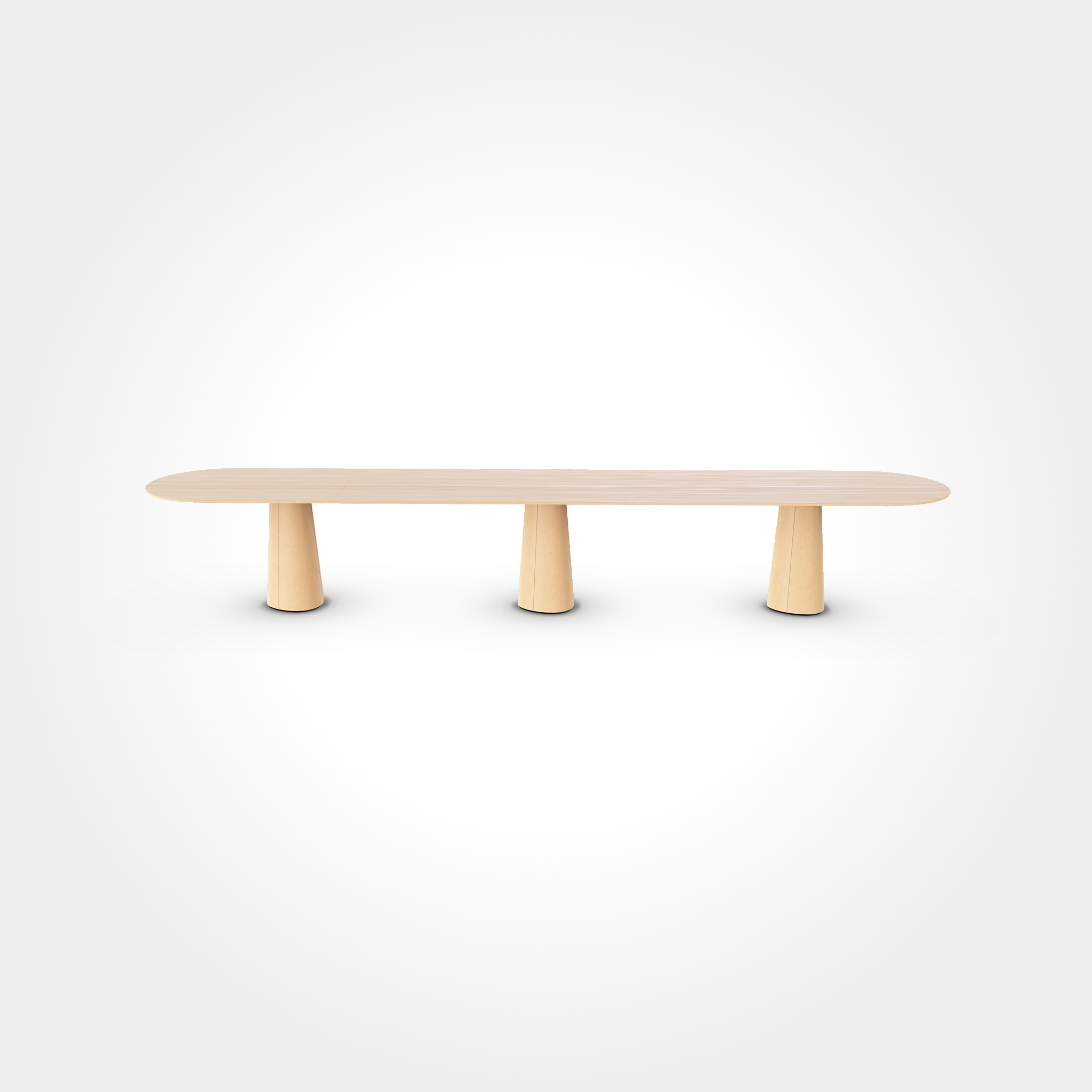 The P.O.V. Plus Table 480 by TON features a long, oval-shaped wooden top with a smooth surface, supported by three evenly spaced cylindrical legs. The background is plain white.
