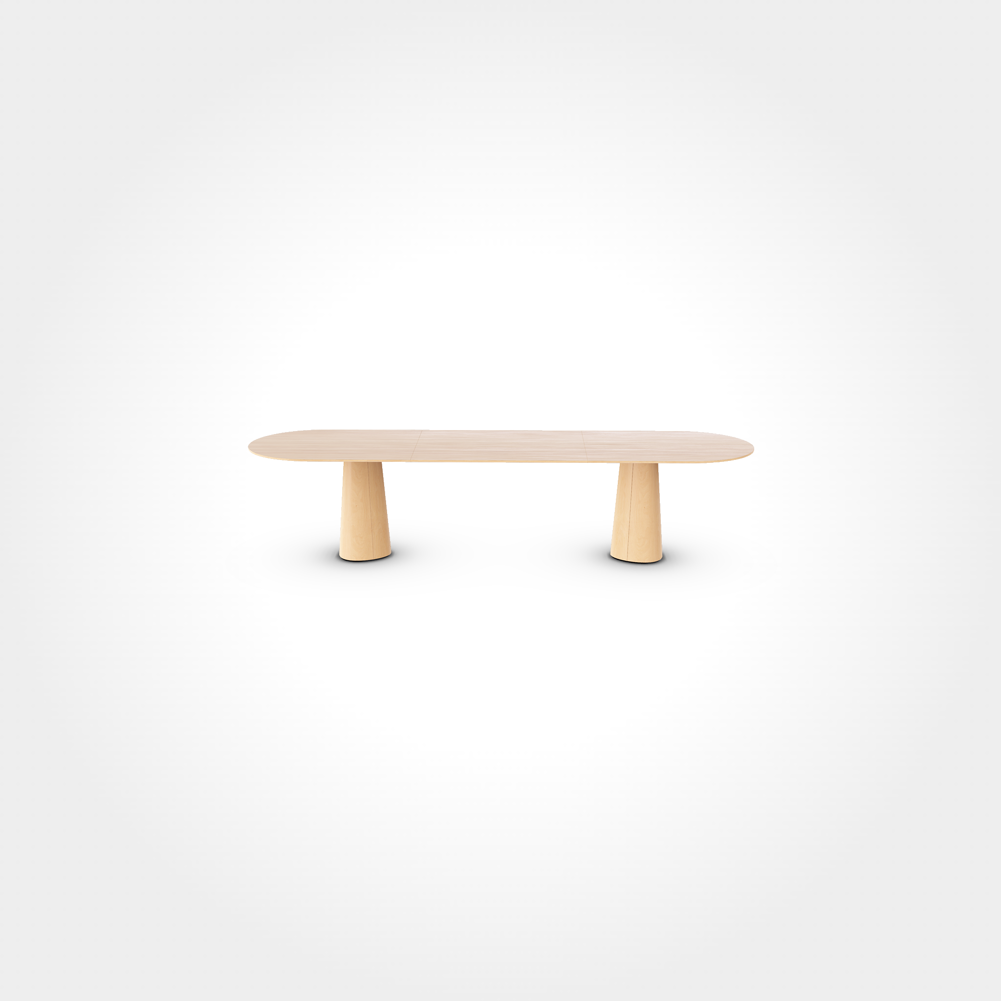 The minimalist P.O.V. Plus Table 480 by TON showcases an oval wooden top and two cylindrical legs, set against a plain white background.