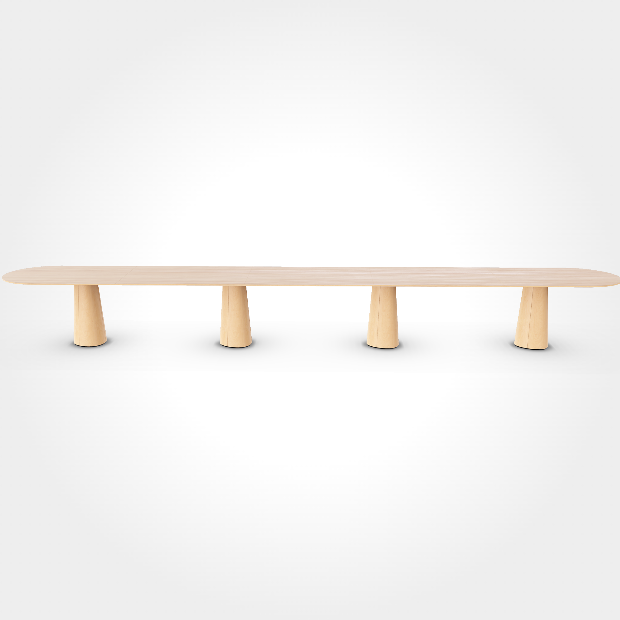 The P.O.V. Plus Table 480 by TON is a modern, elongated light wood dining table featuring a smooth oval top and four wide cylindrical legs, set against a plain white background.