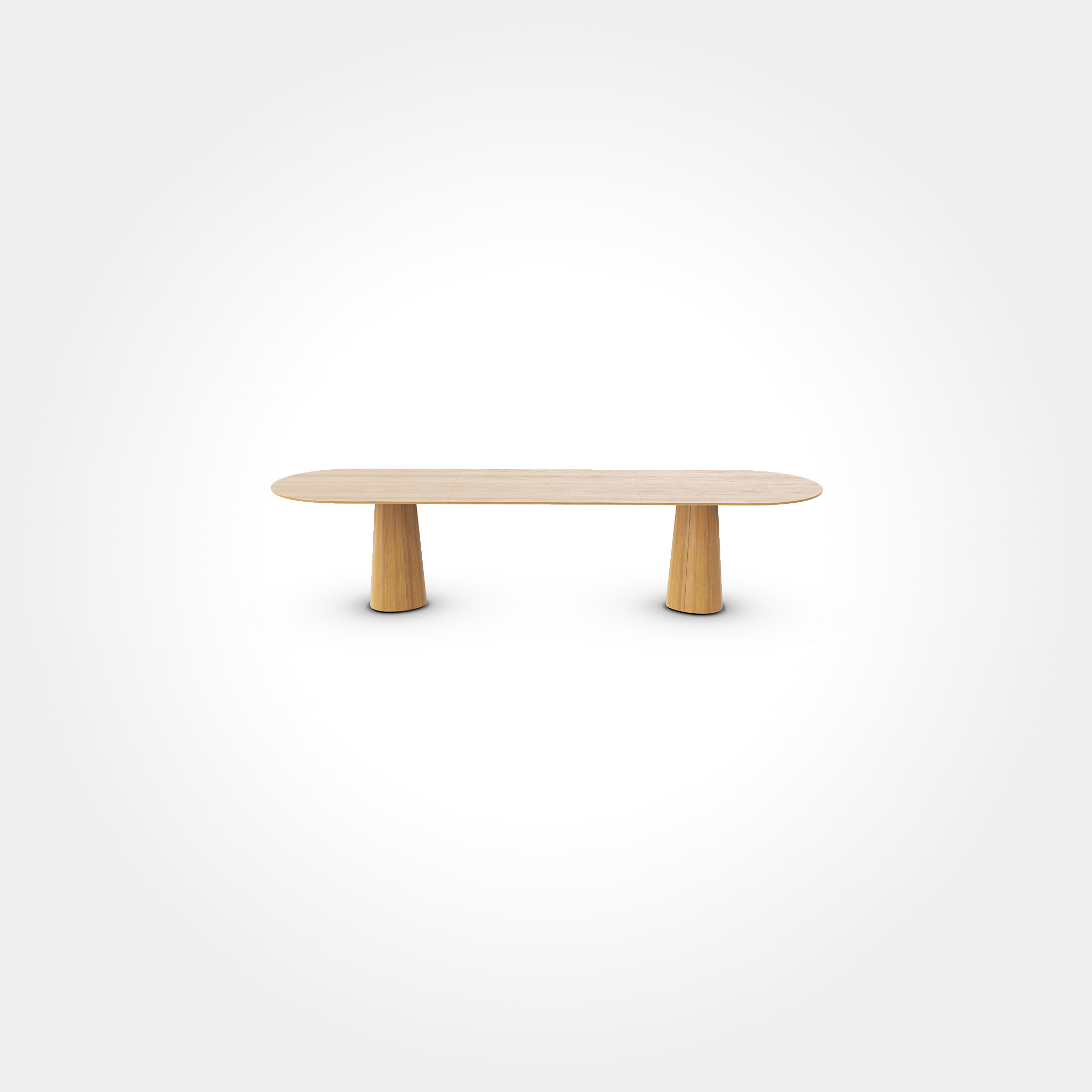 The P.O.V. Plus Table 480 by TON is a minimalist piece featuring a smooth, elongated oval top and cylindrical legs in light wood. Its modern design contrasts against a white background, ideal for hospitality dining or modular office spaces.