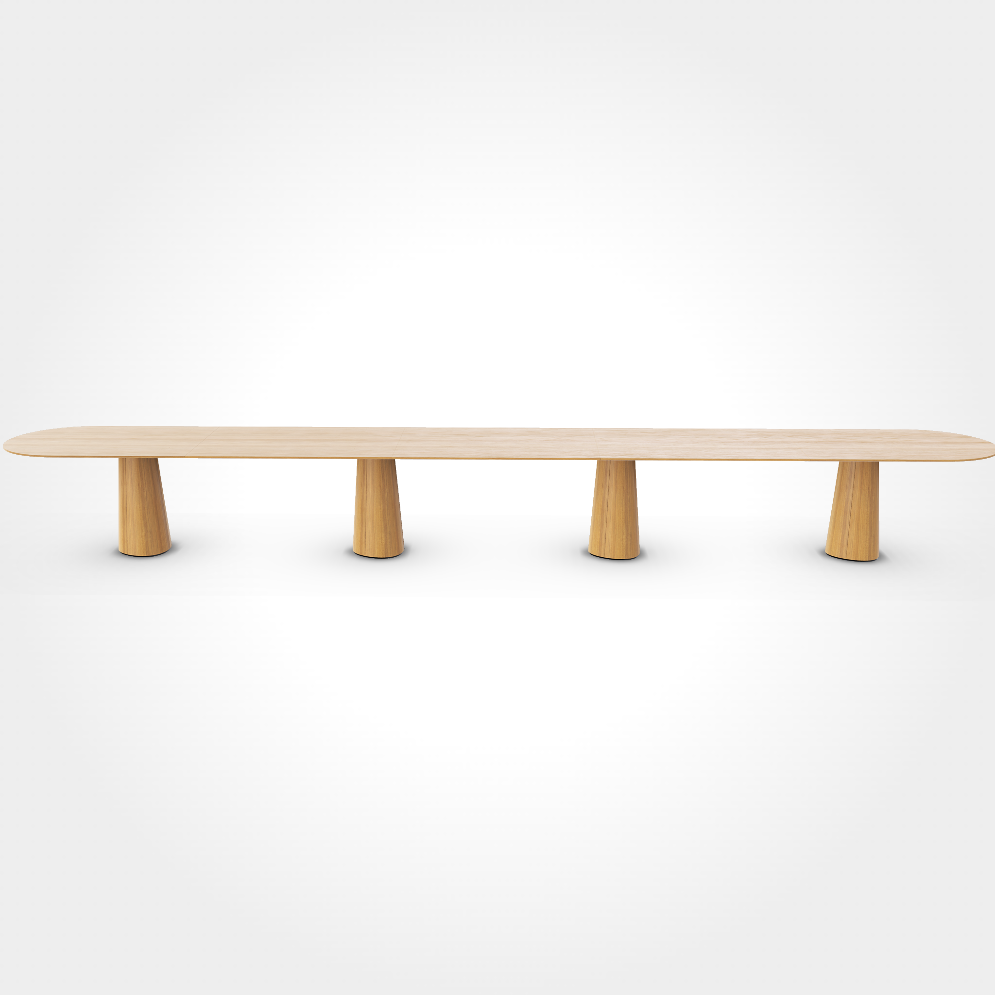 The P.O.V. Plus Table 480 by TON is a long, minimalist wooden table with rounded edges and four cylindrical legs, set against a white background. It boasts a sleek, modern design that highlights simplicity and natural wood tones, ideal for any hospitality dining setting.