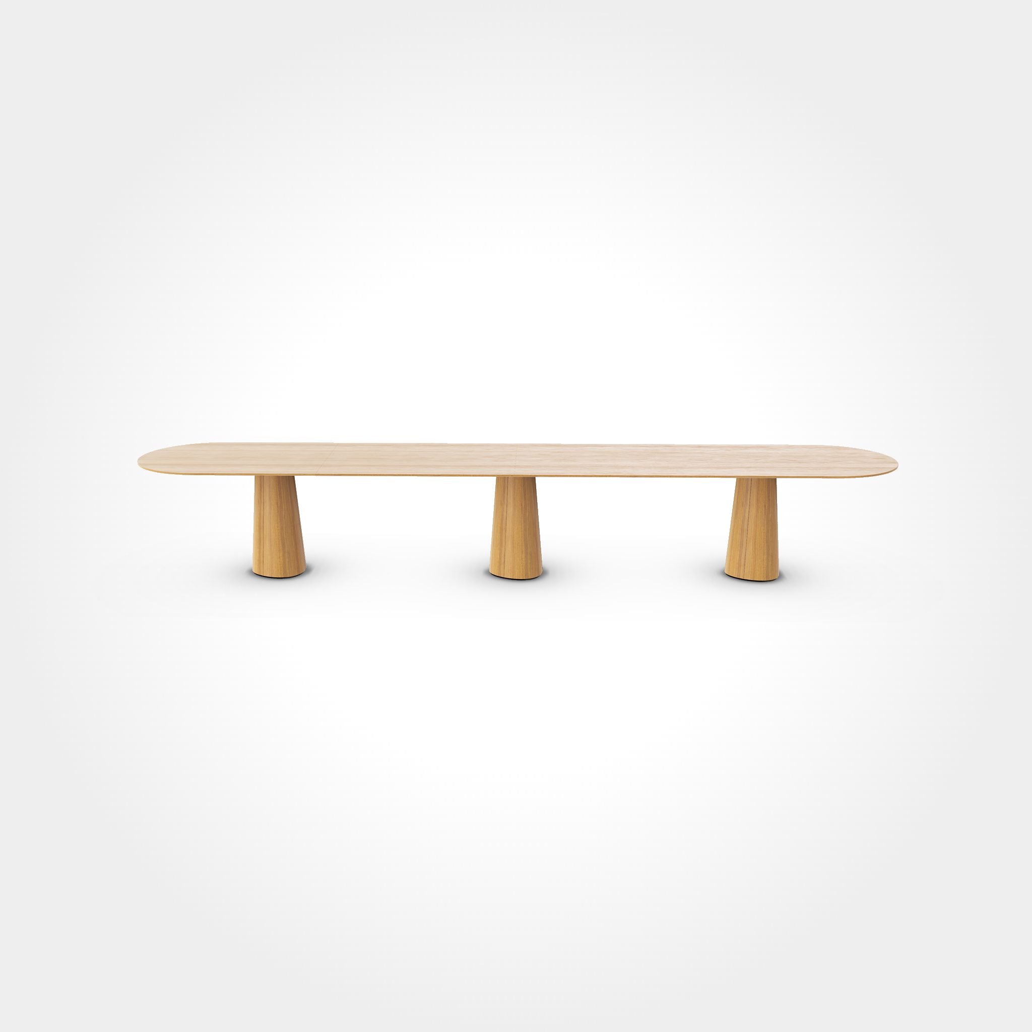 The P.O.V. Plus Table 480 by TON is a minimalist wooden bench with an elongated oval seat and three cylindrical legs, ideal for hospitality dining settings. Its natural wood finish contrasts elegantly against a plain white background.