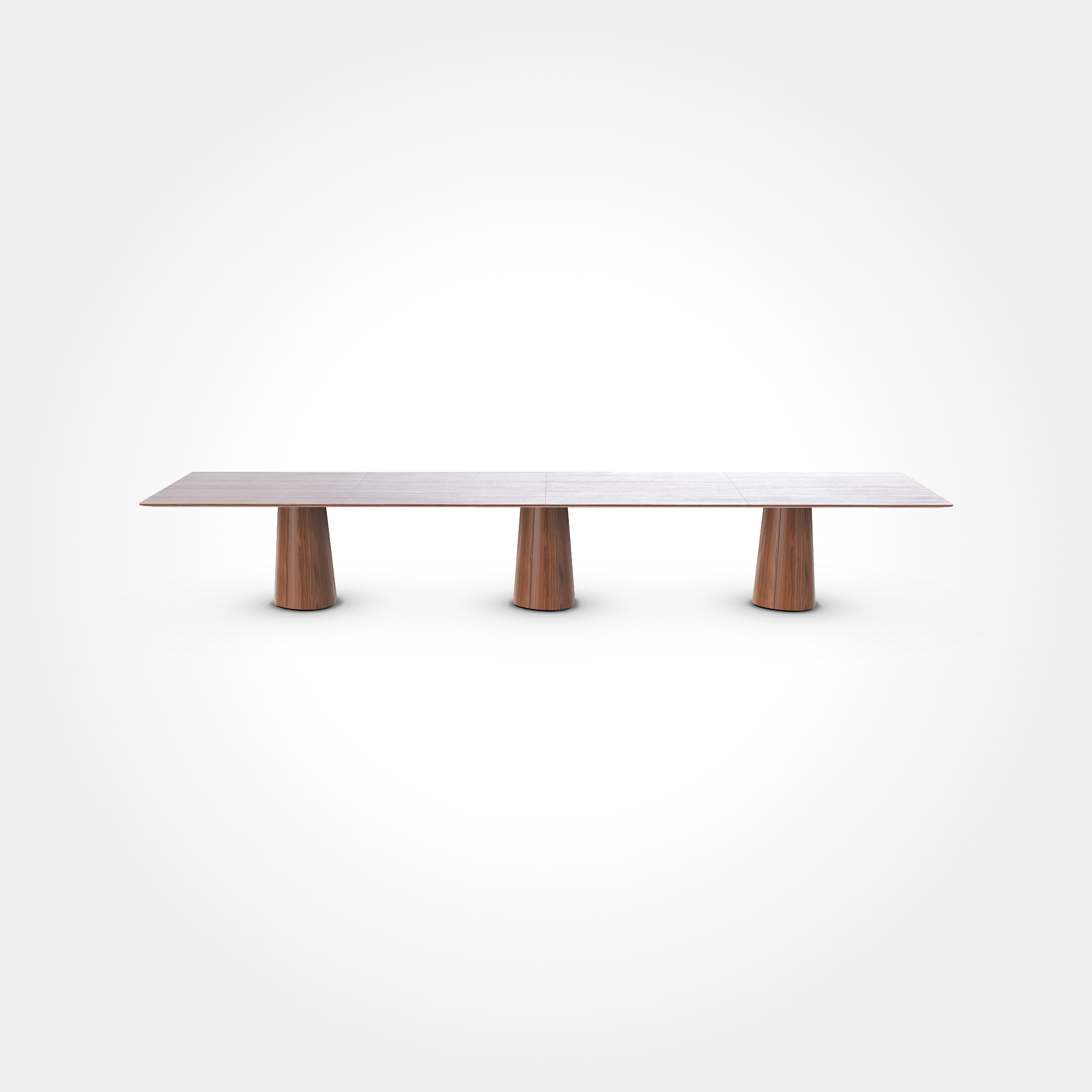 The P.O.V. Plus Table 481 by TON is a sleek, minimalist office and dining table featuring a long rectangular wooden top with a smooth surface, supported by three wide cylindrical legs in a rich brown finish against a white backdrop. Its perfect as a versatile contract and hospitality table.