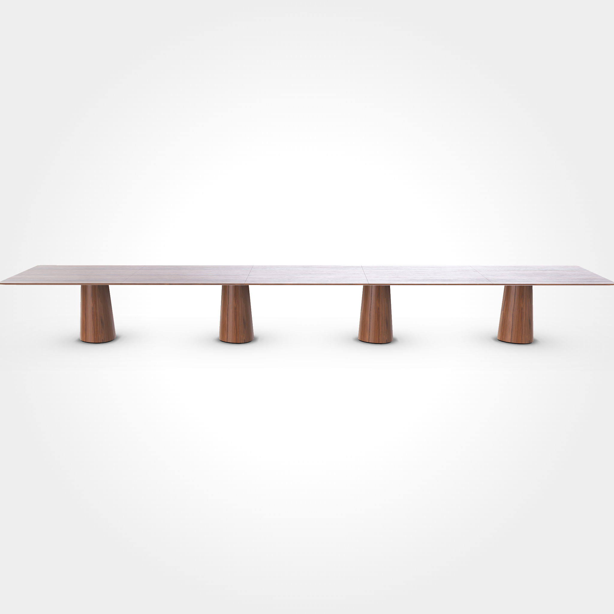 The P.O.V. Plus Table 481 by TON is a long, rectangular wooden office and dining table with a polished surface. Supported by five evenly spaced cylindrical wooden legs, its minimalist design is emphasized against a plain white background, making it ideal for contract and hospitality settings.