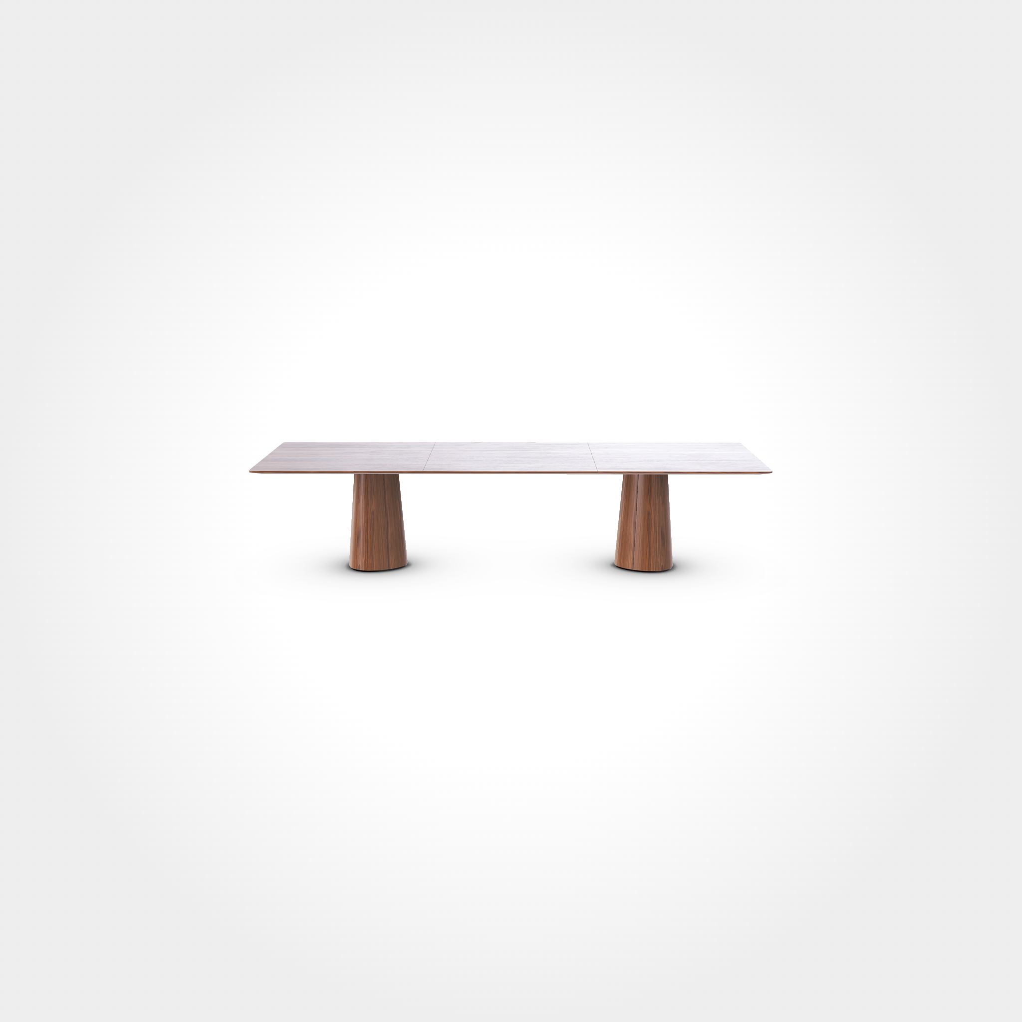 The P.O.V. Plus Table 481 by TON is a minimalist wooden dining table featuring a flat rectangular top and two cylindrical pedestal legs, shown against a plain white background.