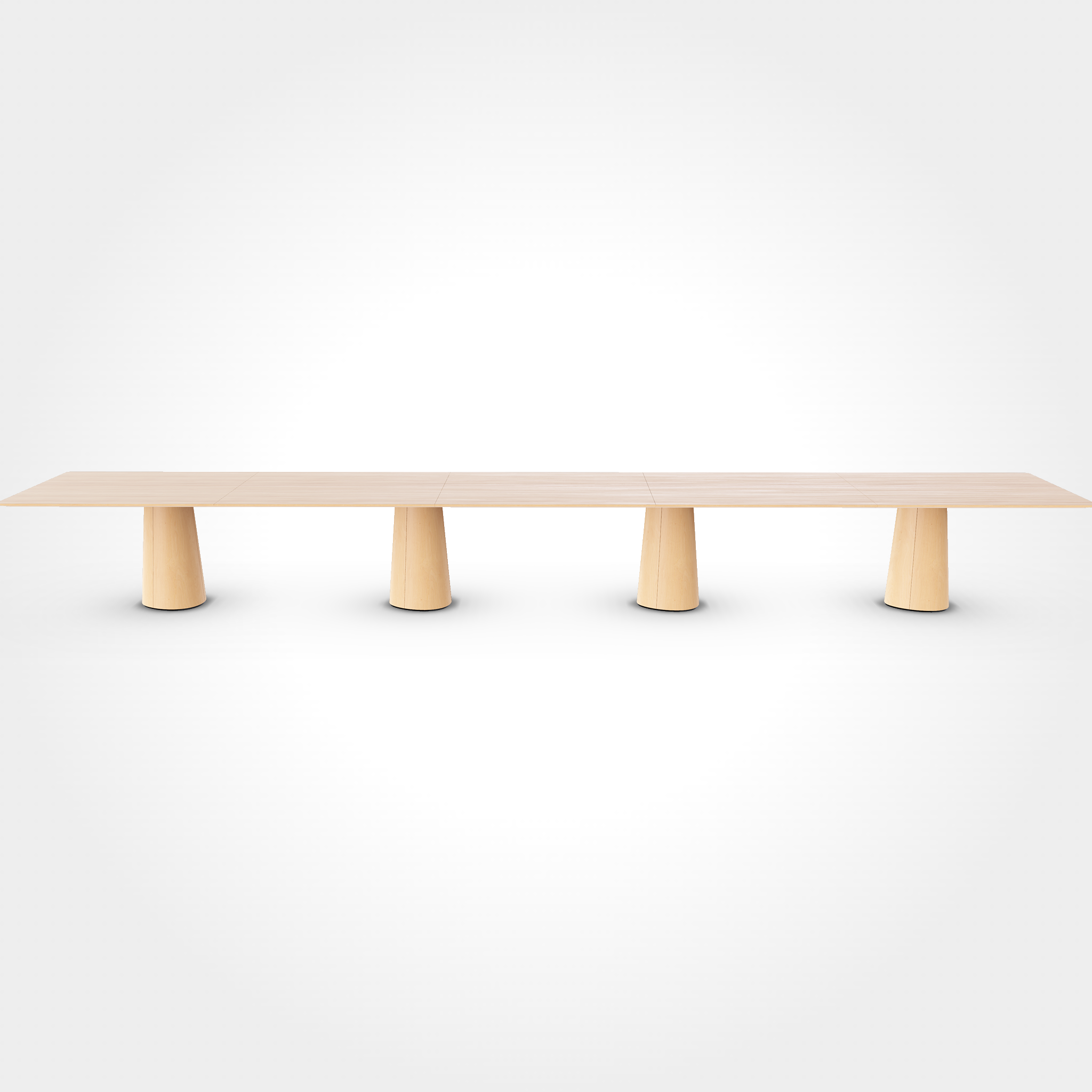 The P.O.V. Plus Table 481 by TON is a long, minimalist wooden dining table featuring a rectangular top with a light finish, supported by four evenly spaced cylindrical wooden legs, shown against a plain white background. Its versatile enough to function as both an office and dining table.